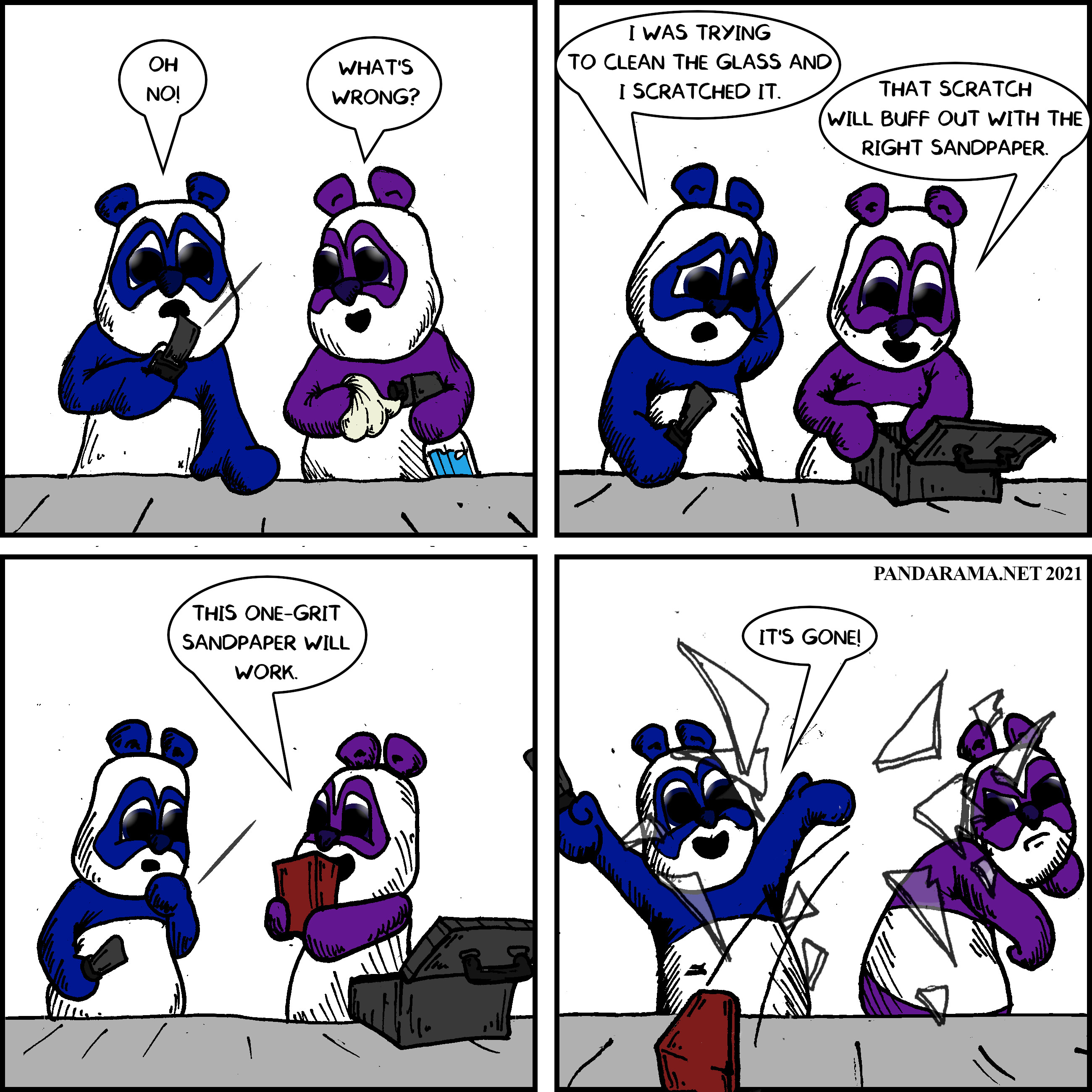 webcomic panda removes scratch from glass with one-grit sand paper, a brick.