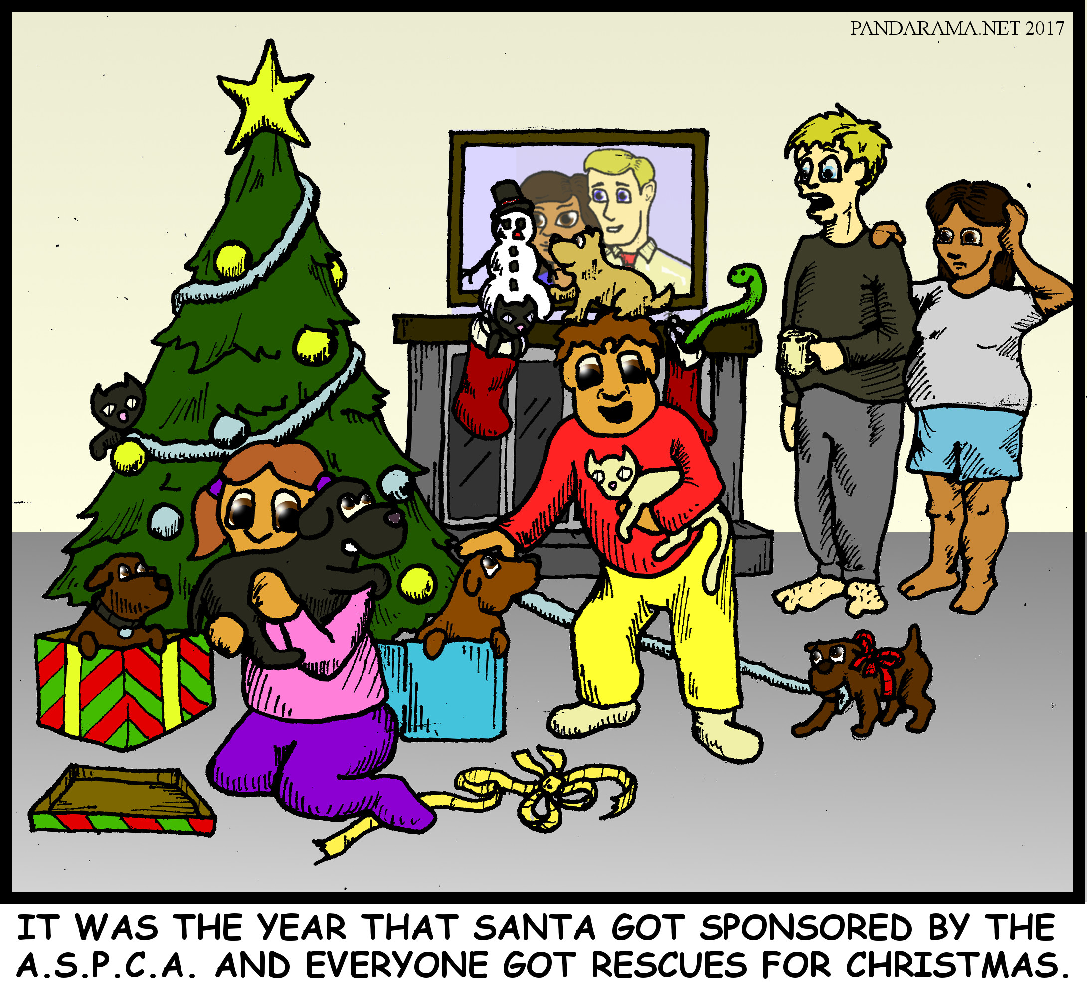 rescues cartoon. christmas puppy. spay and neuter your pets cartoon. Santa gets sponsored by ASPCA and gives nothign but rescued animals for christmas.