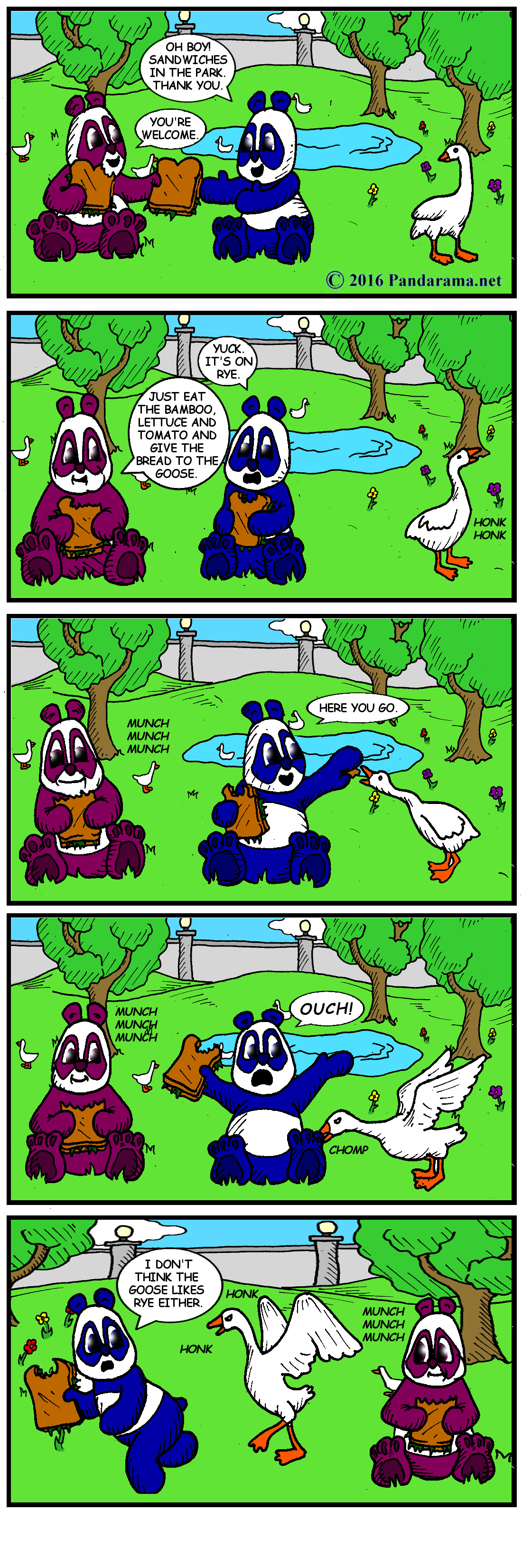 cartoon with pandas picnicking, one feeds some rye bread to a goose, and the goose attacks the panda, because the goose doesn't like rye either.