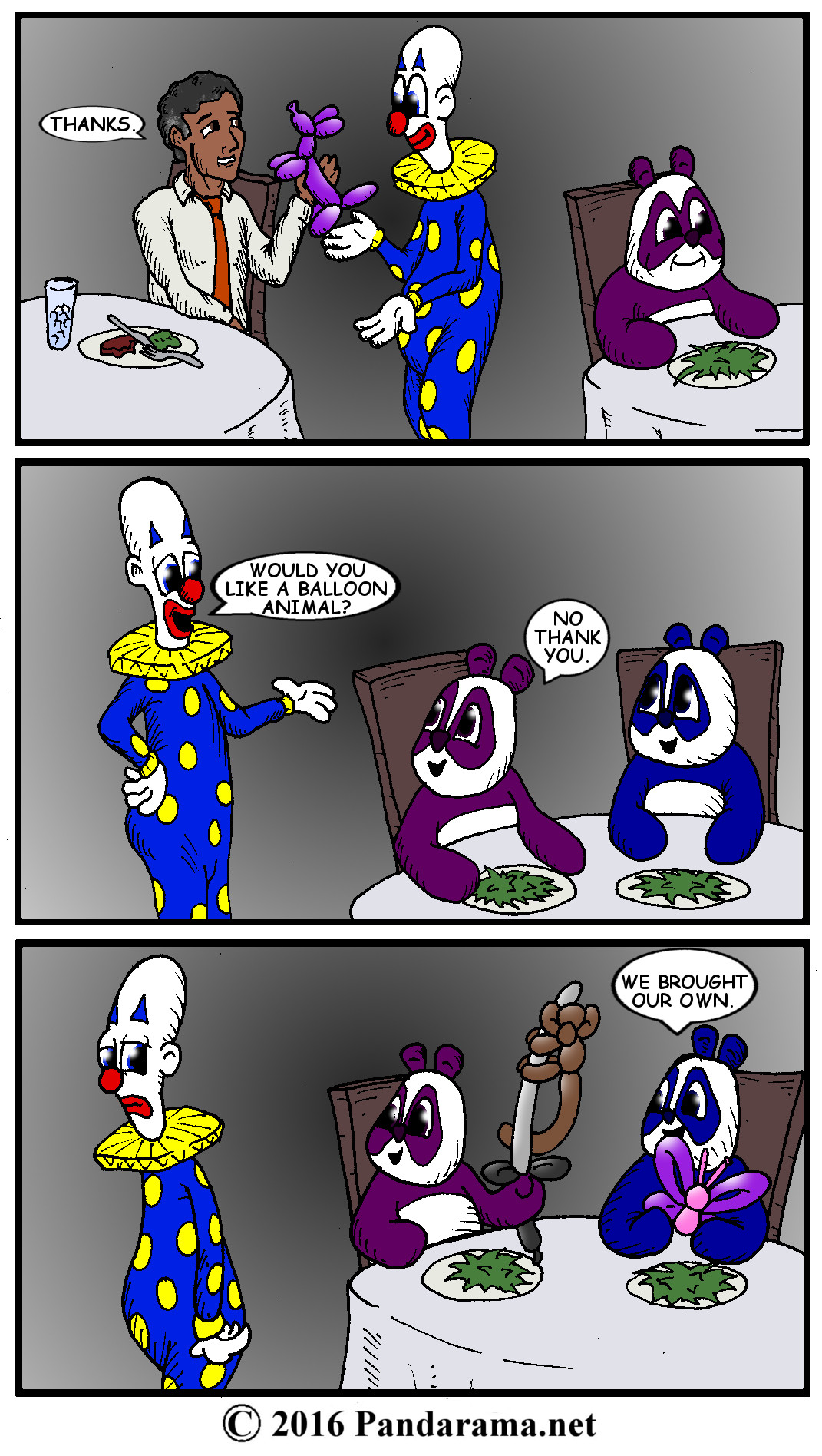 pandarama comic of clown offering to make balloon animals for pandas at a restaraunt, but pandas brought their own.