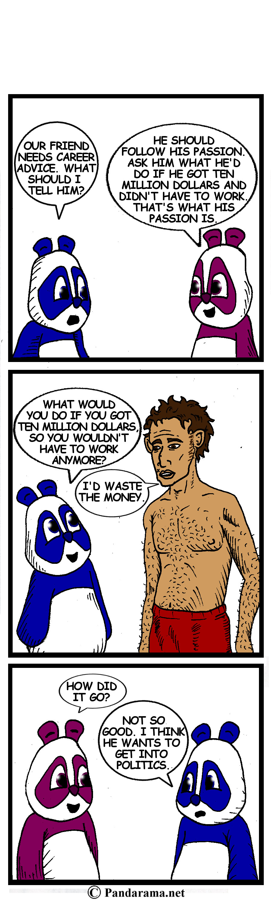 career advise: what would you do with a million dollars, i'd waste it, you should be a politician. pandarama, comicstrip