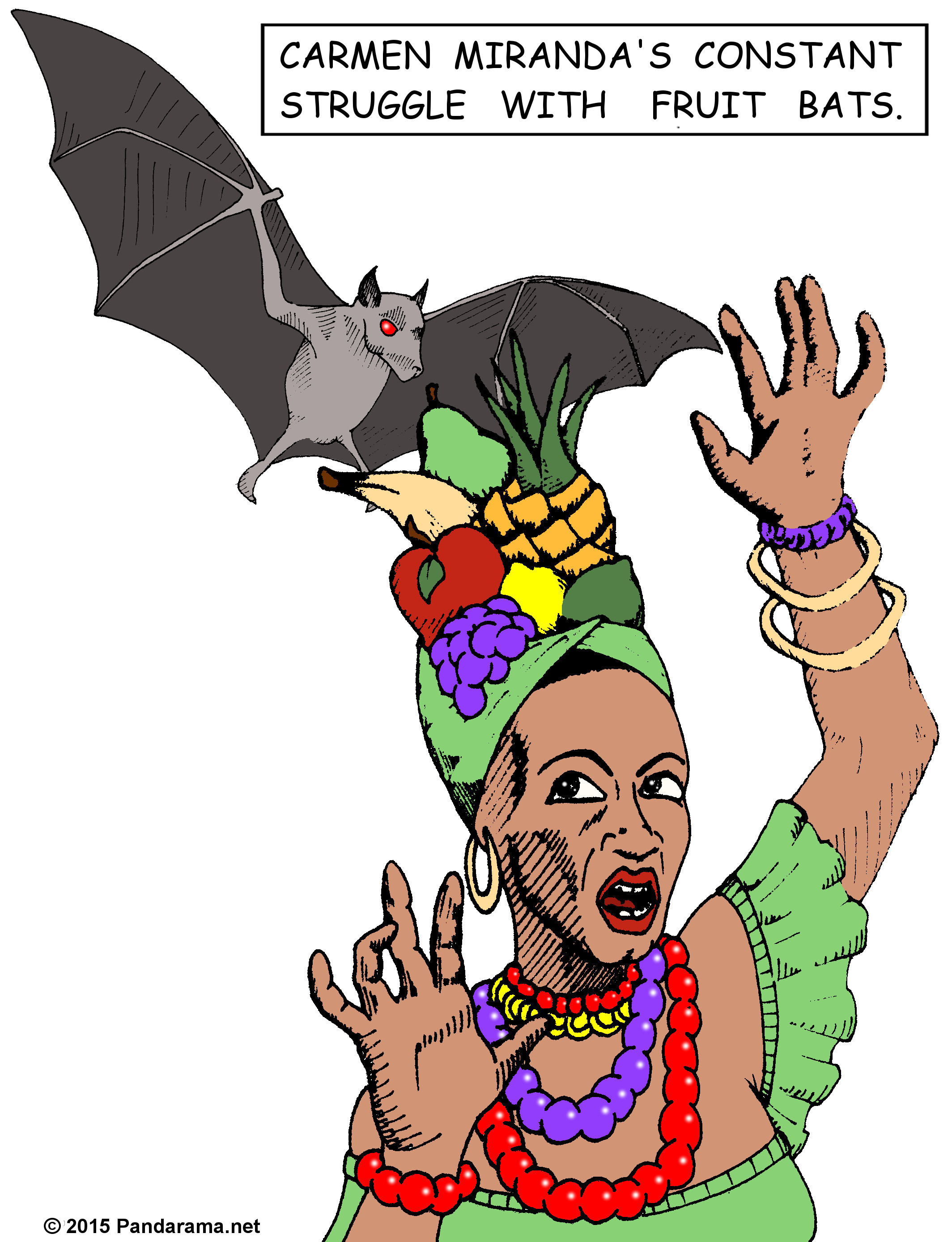 Pandarama / Pandarama.net cartoon of a bat trying to eat the fruit off Carmen Miranda's hat.