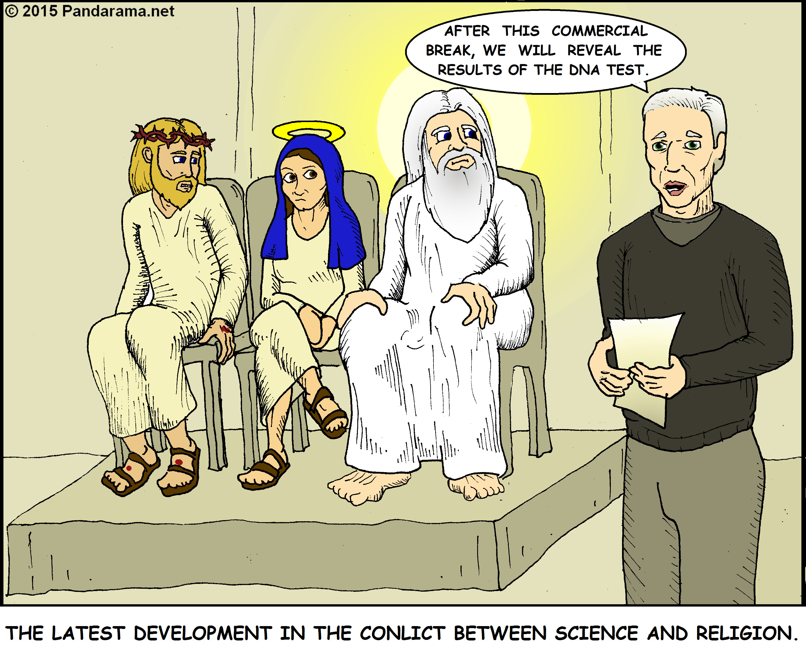 Pandarama / Pandarama.net satirical cartoon of Jesus's paternity subjected to DNA test on Maury Povich Show is the latest development in conflicct between science and religion.
