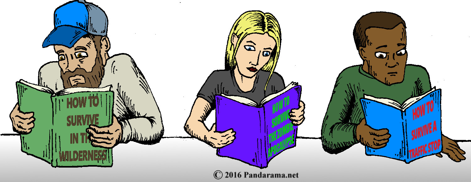 Pandarama cartoon of white people reading books about wilderness and zombie apocalypse survival while a black guy reads a book about how to survive a traffic stop.
