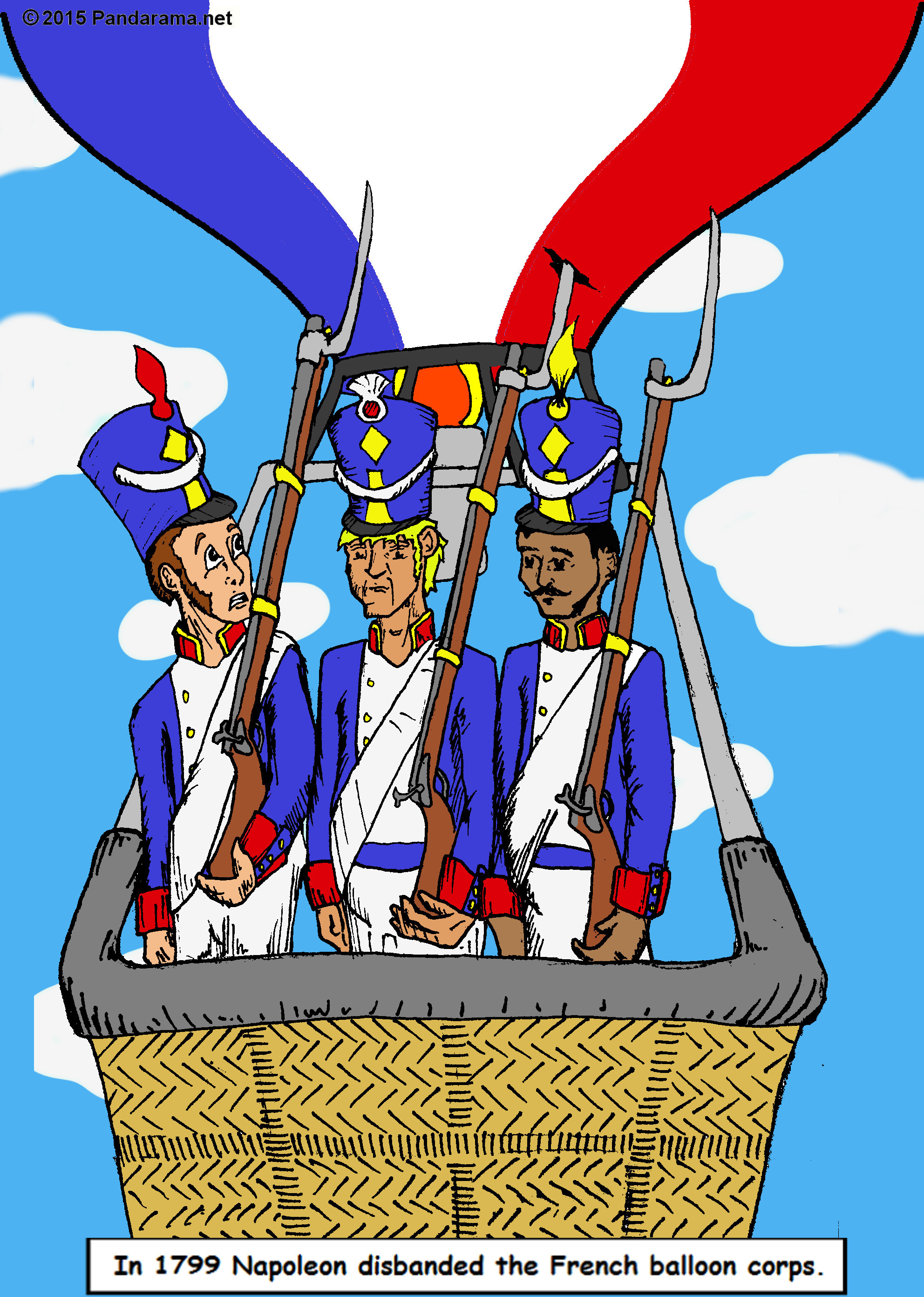Pandarama cartoon of three Napoleonic soldiers lined up in a balloon, one of their bayonettes has punctured the balloon.