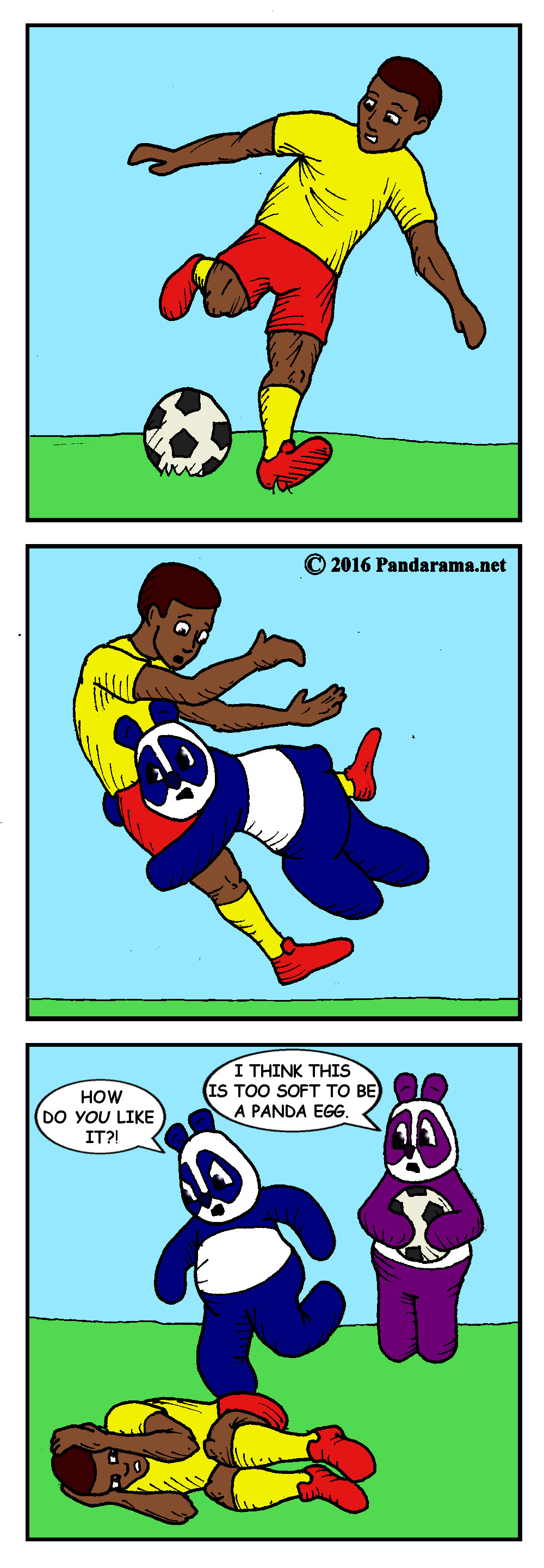 Pandarama cartoon of a panda assaulting a soccer player because the soccer ball looks like a panda egg. football. pandaegg.