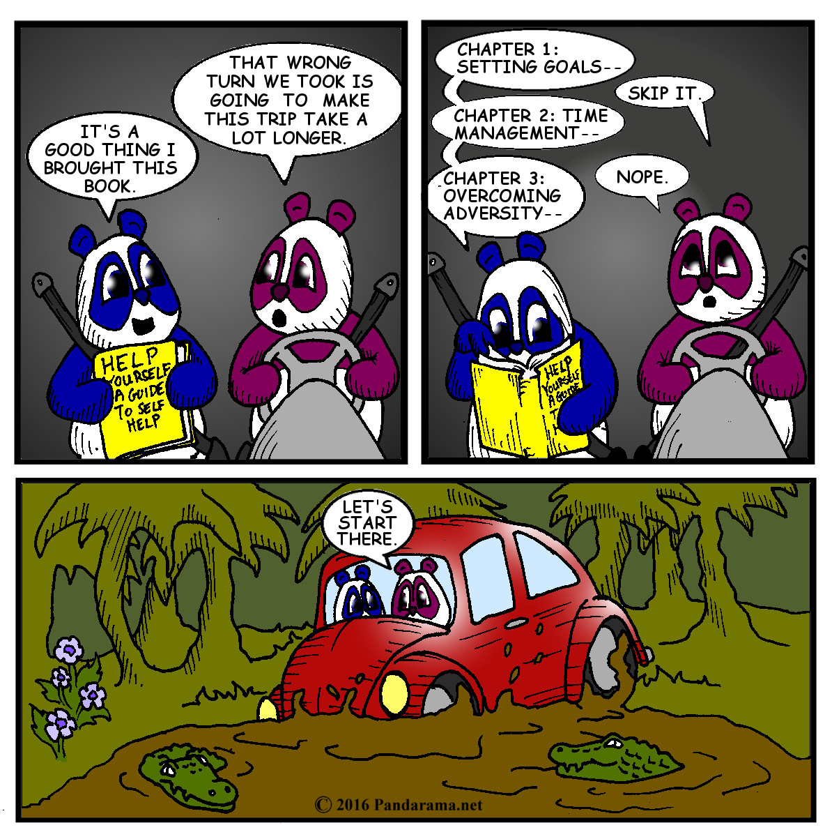 Panda bears skip to chapter on overcoming adversity in a self help book to get them out of a swamp during a roadtrip. self-help cartoon. overcoming adversity cartoon. roadtrip cartoon.