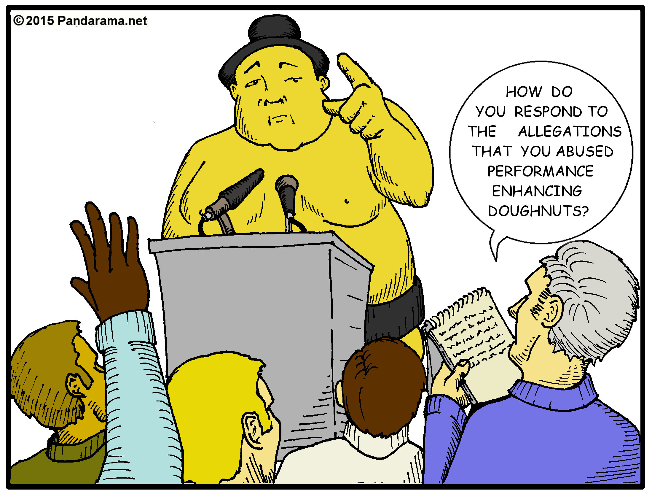 Sumo Wrestler questioned about Performance Enhancing Donuts, by Pandarama.