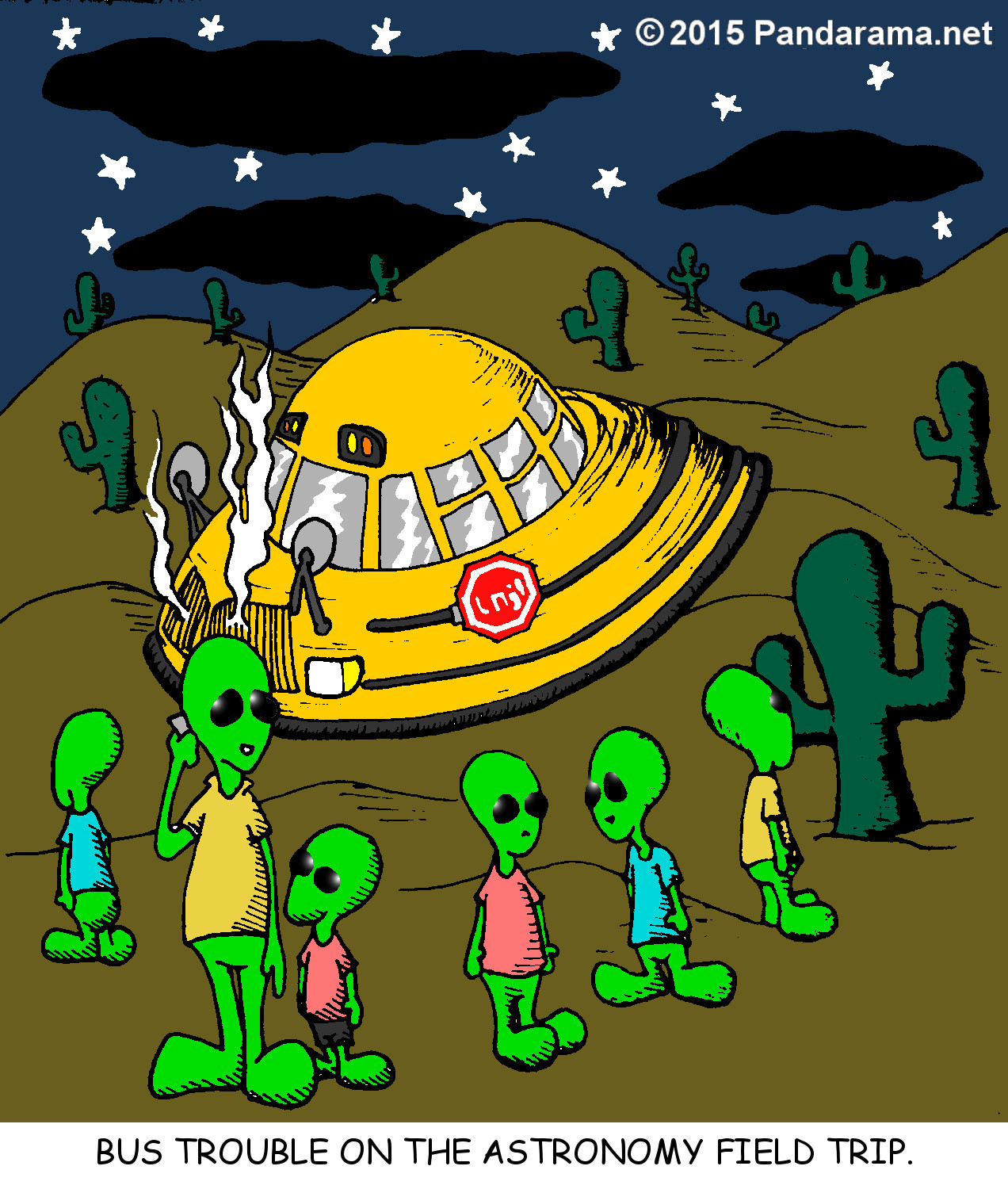 flying saucer school bus broken down in Earth desert during an astronomy field trip. UFO cartoon . Alien cartoon. tall grey illustration. short gray picture. pandarama.