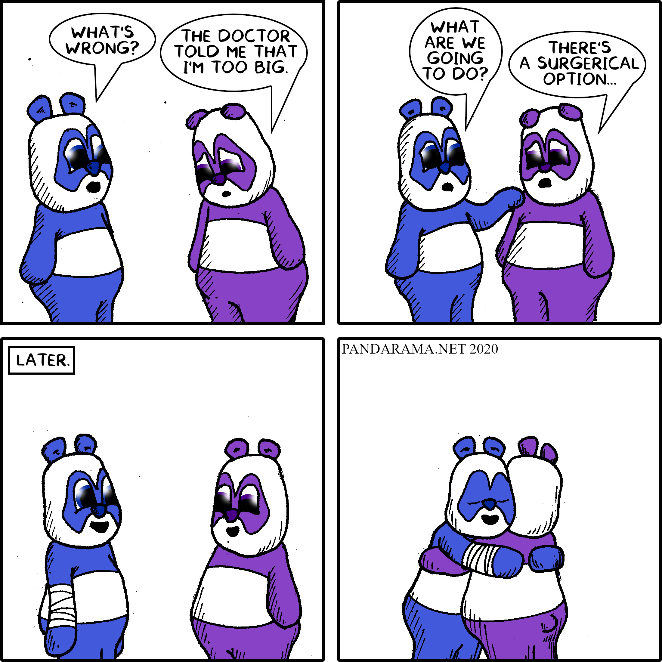 webcomic where one panda gets fat and the other panda gets arm extension so they can hug.