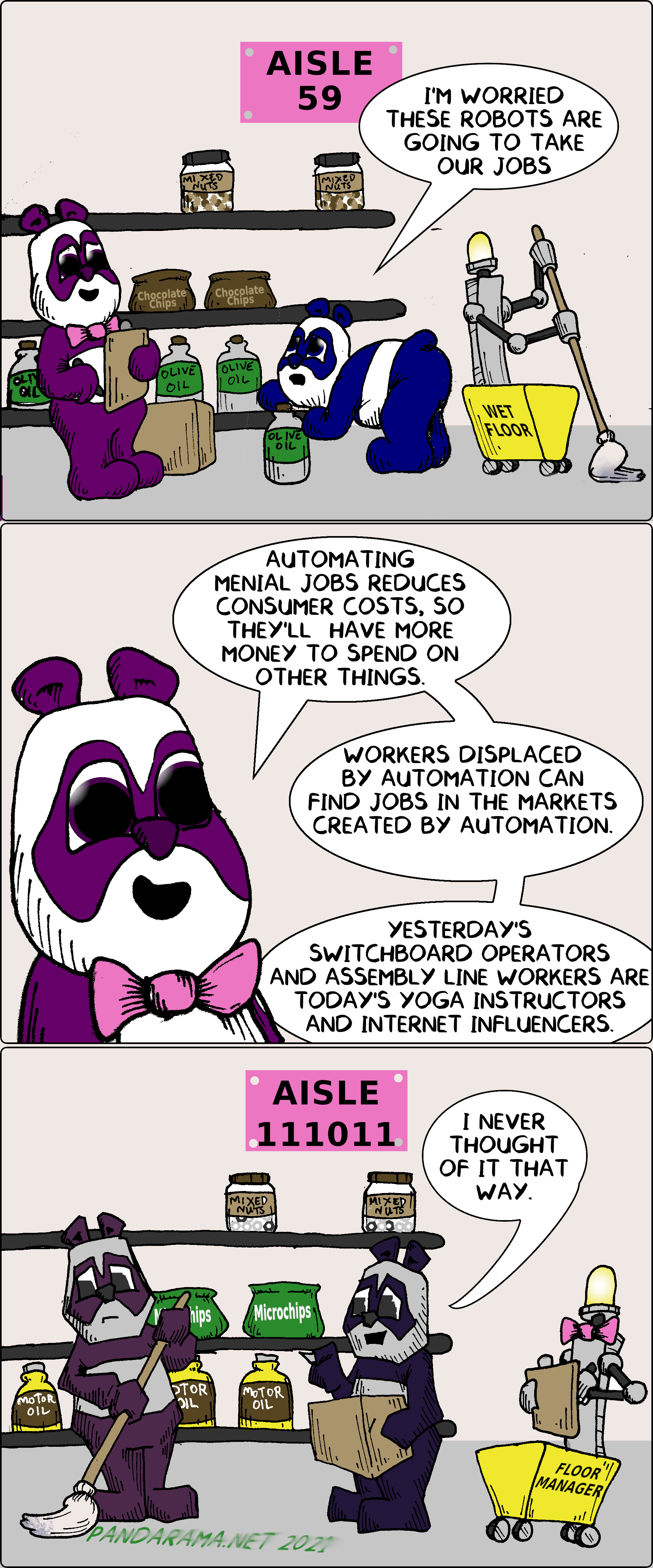 webcomic. retail pandas learn the benefits of automation and are replaced by robots.