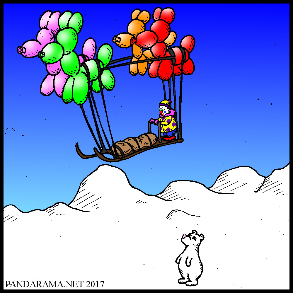 clown traversing the arctic in a dog sled suspended in the air by giant balloon dogs. balloon dog cartoon. balloon animal webcomic. dogsled. dogsledding. iditarod cartoon.