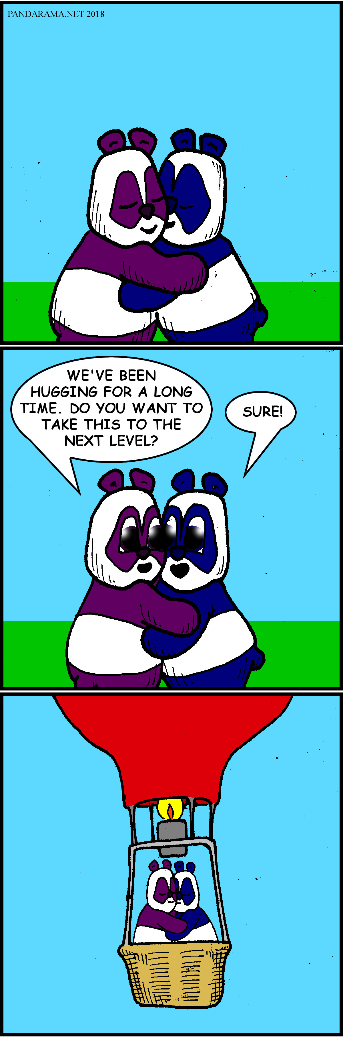 two pandas hugging. they agree to take things to the next level. then they hug in a balloon.