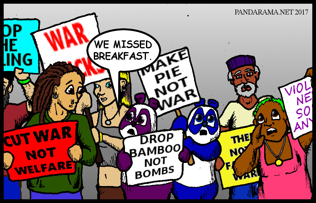 antiwar demonstration cartoon. protest cartoon. protest signs. pandas at a protest with signs that read 'drop bamboo, not bombs' and 'make pie, not war' because they missed breakfast.