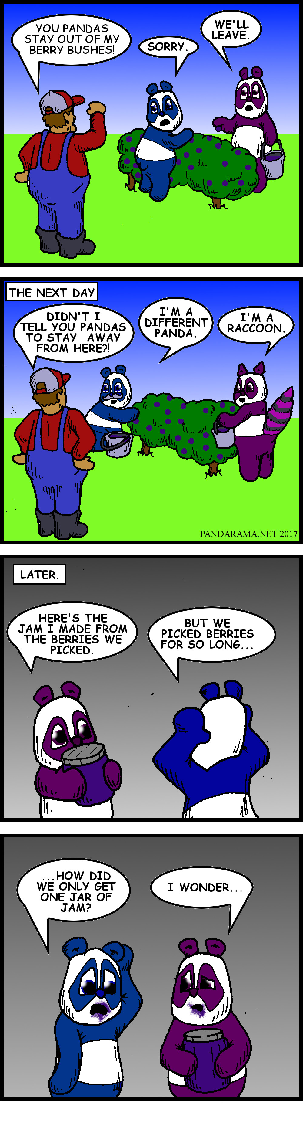 webcomic of pandas attempting to trick a farmer to pick more berries, despite their efforts they only get one jar of jam because they ate so many berries while picking. berrypicking cartoon. berry picking cartoon. foraging webcomic.