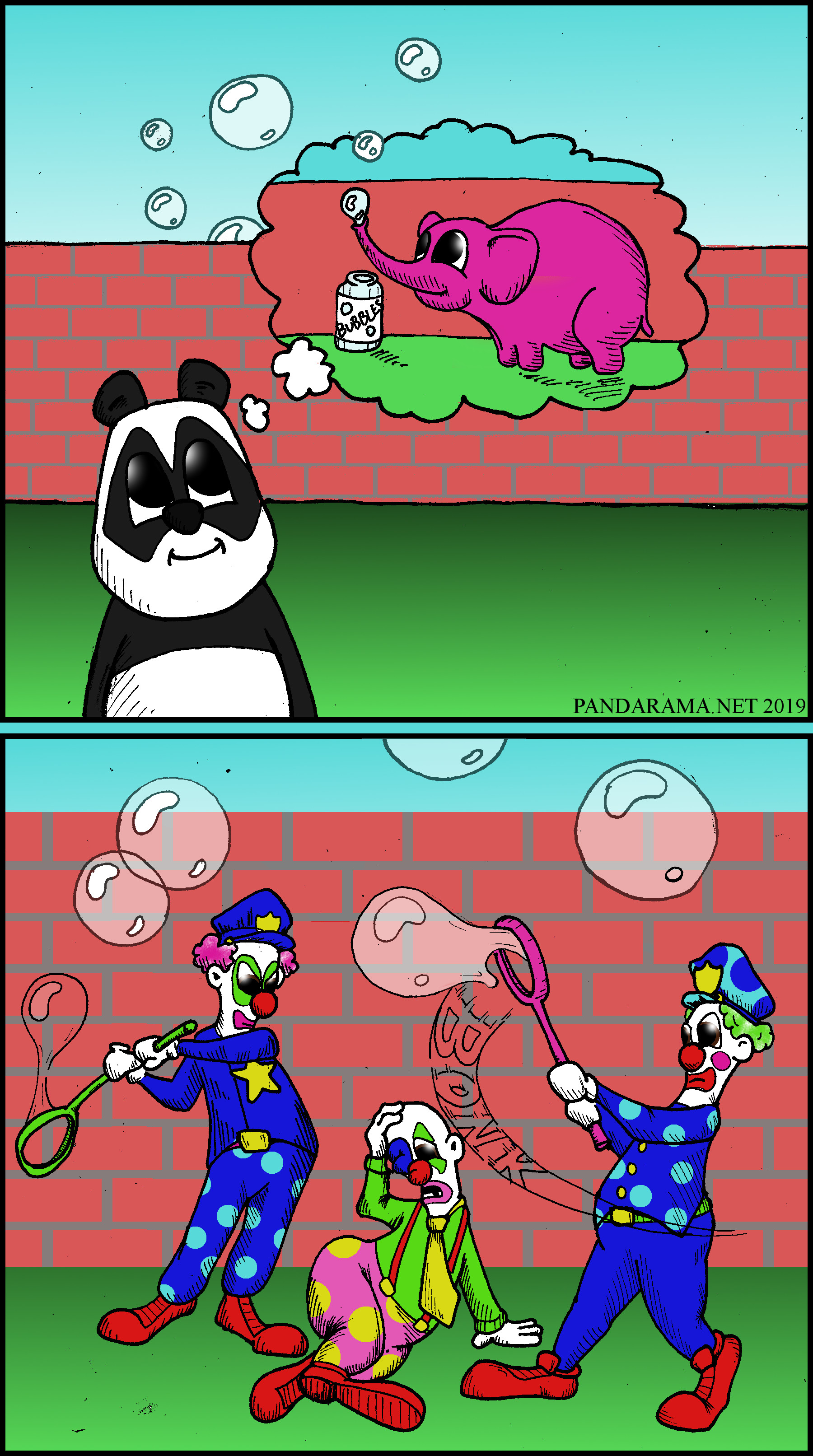 webcomic of clown getting beaten with bubble wands behind wall, panda imagines an elephant blowing bubbles.