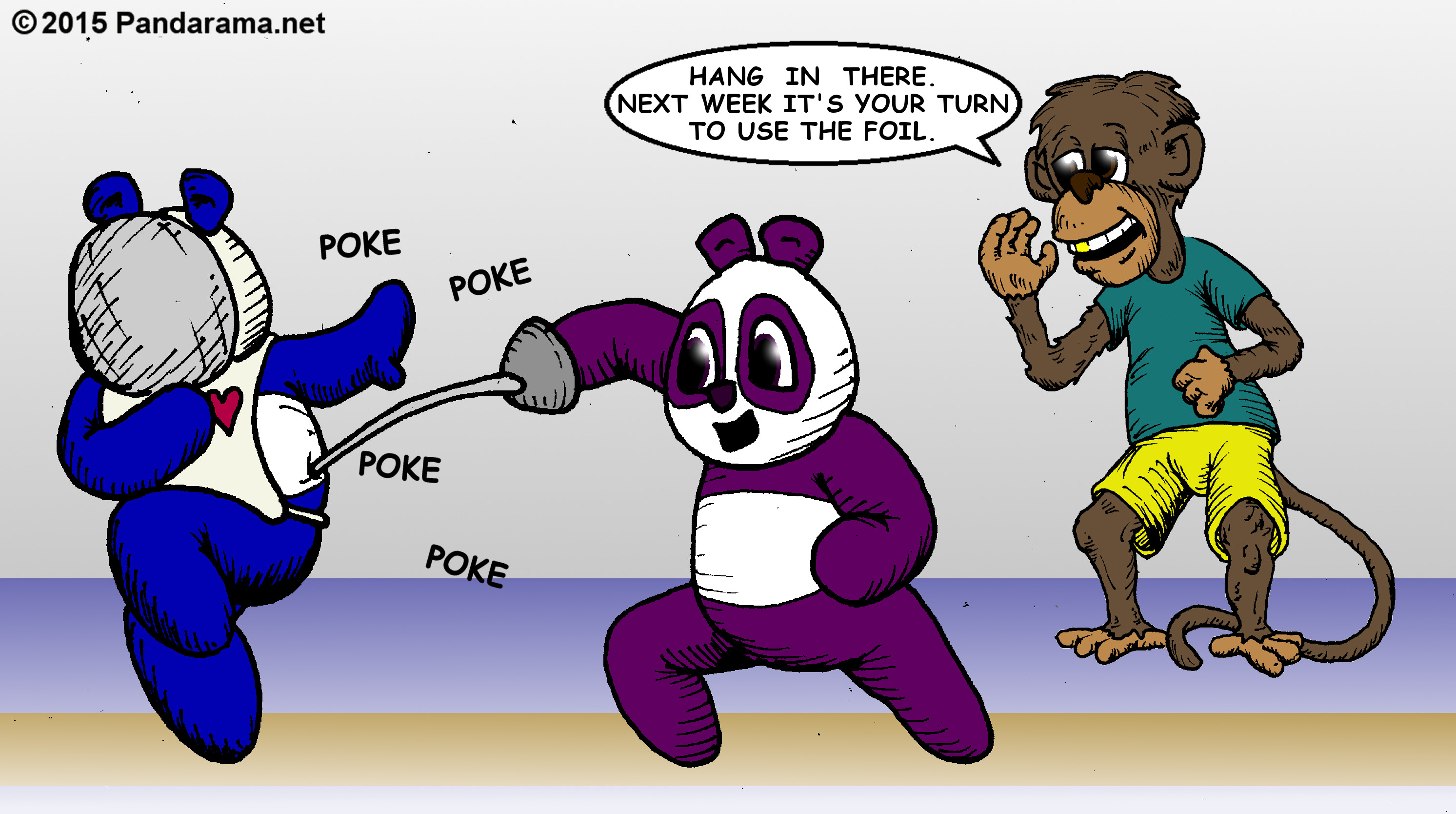 fencing cartoon. sword fighting cartoon. epee cartoon. fencing maestro. poke. pokey. poking. Cartoon where panda repeatedly pokes another panda with fencing foil, and the coach encourages the panda being poked to hang in there, because it'll be that panda's turn to do the poking next week. budget fencing.