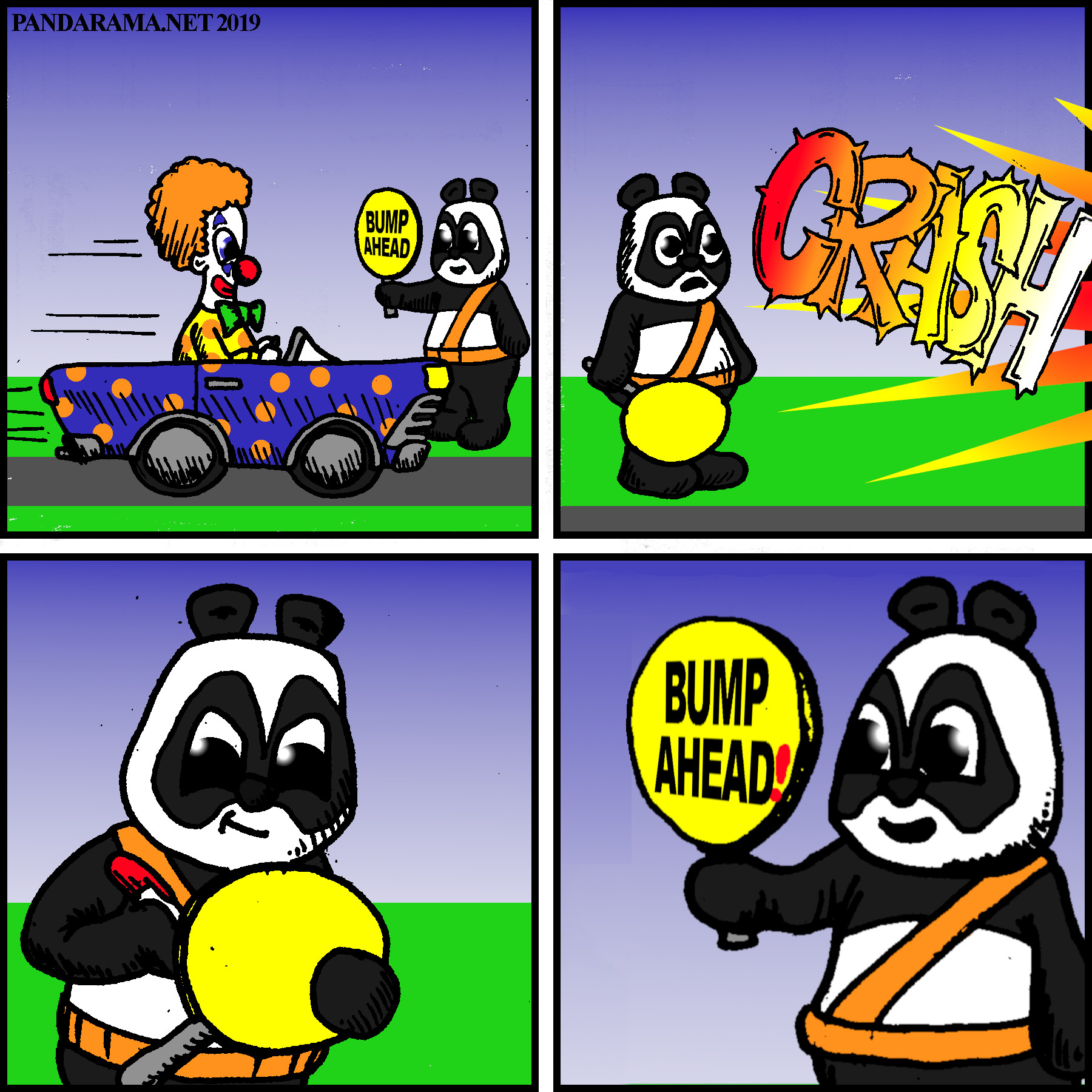 cartoon. panda crossing guard adds exclamation point to 'bump ahead' sign after crash.