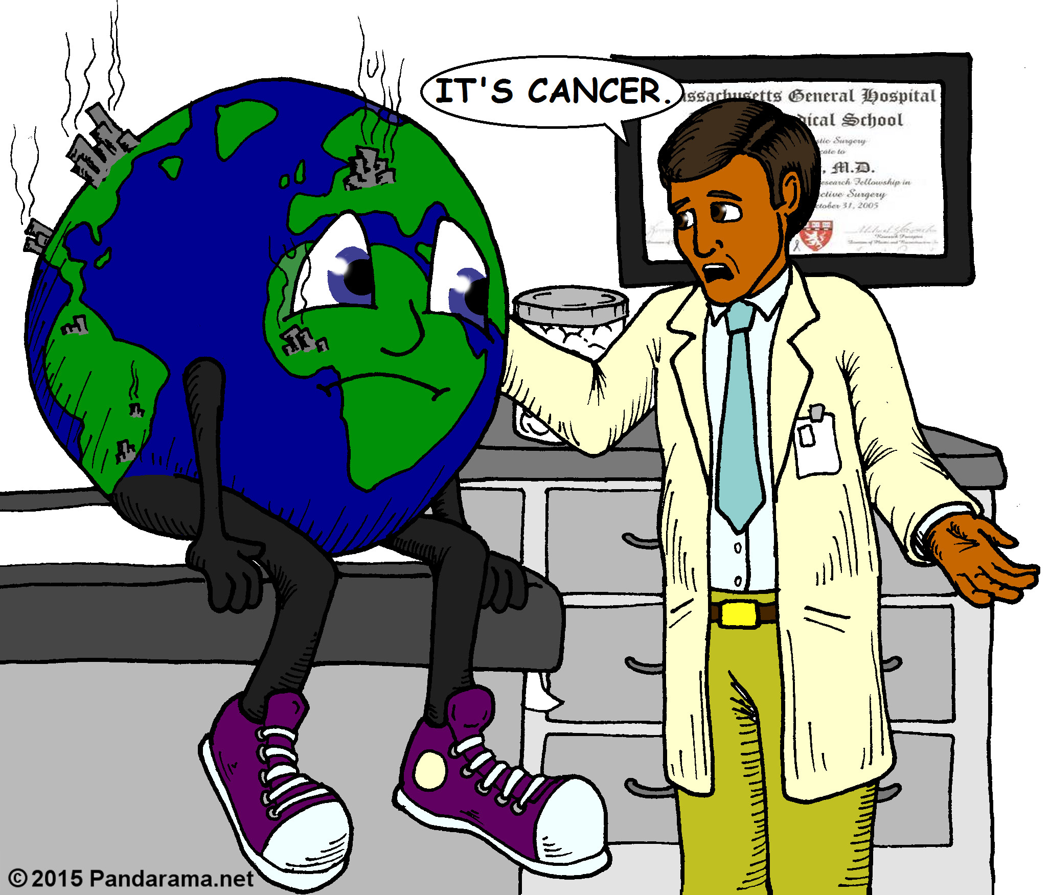 Pandarama Pandarama.net cartoon of a doctor telling an anthropomorphic earth that cities growing on it are cancer.