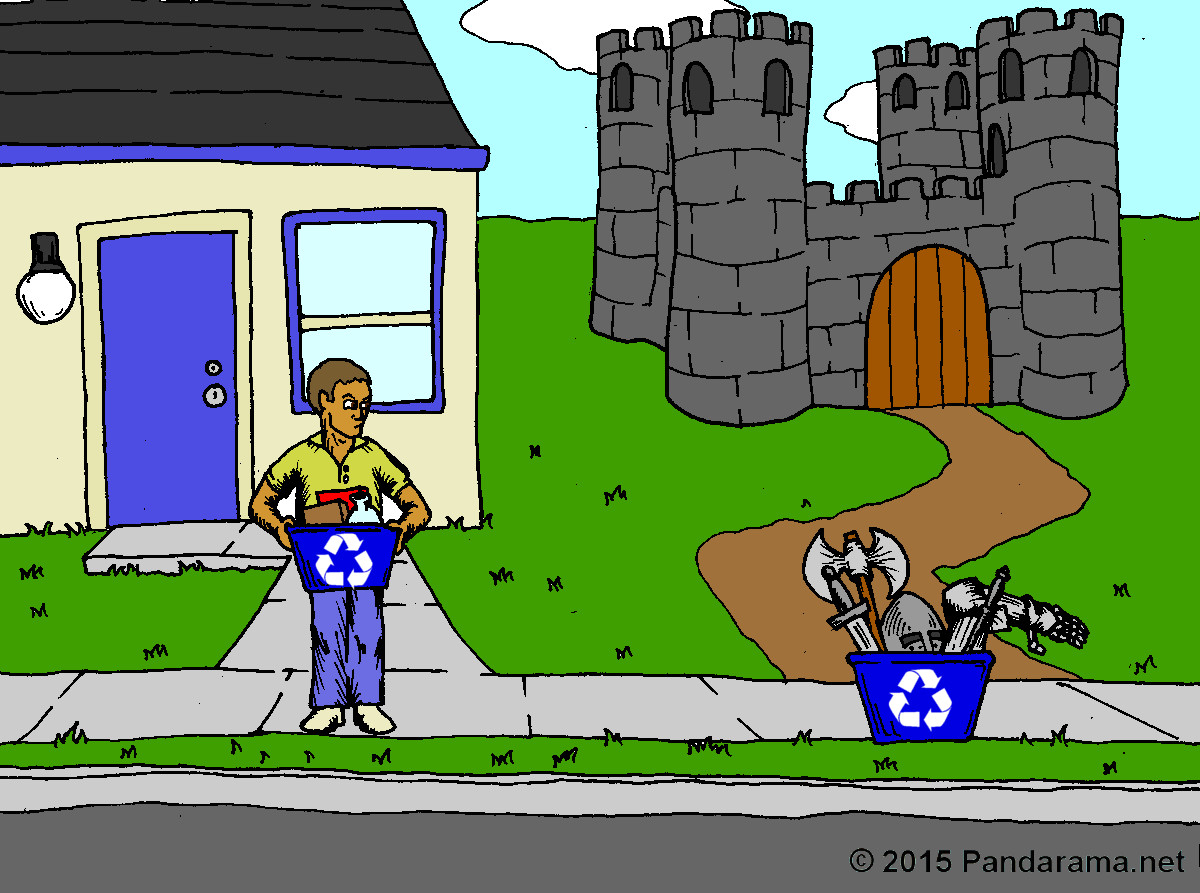castle with recycling box full of weapons and armor. cartoon. recycle. Pandarama.