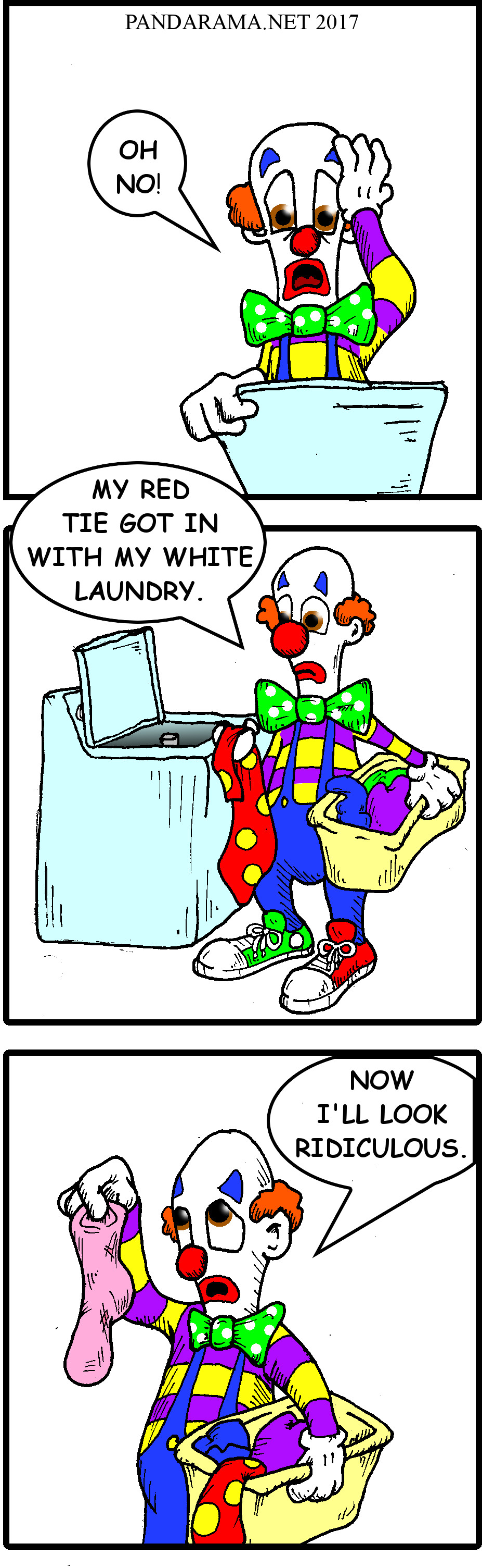 clown accidentally turns white laundry pink, and is now upset that he'll look ridiculous. pink laundry cartoon. laundry comic. cartoon clown.