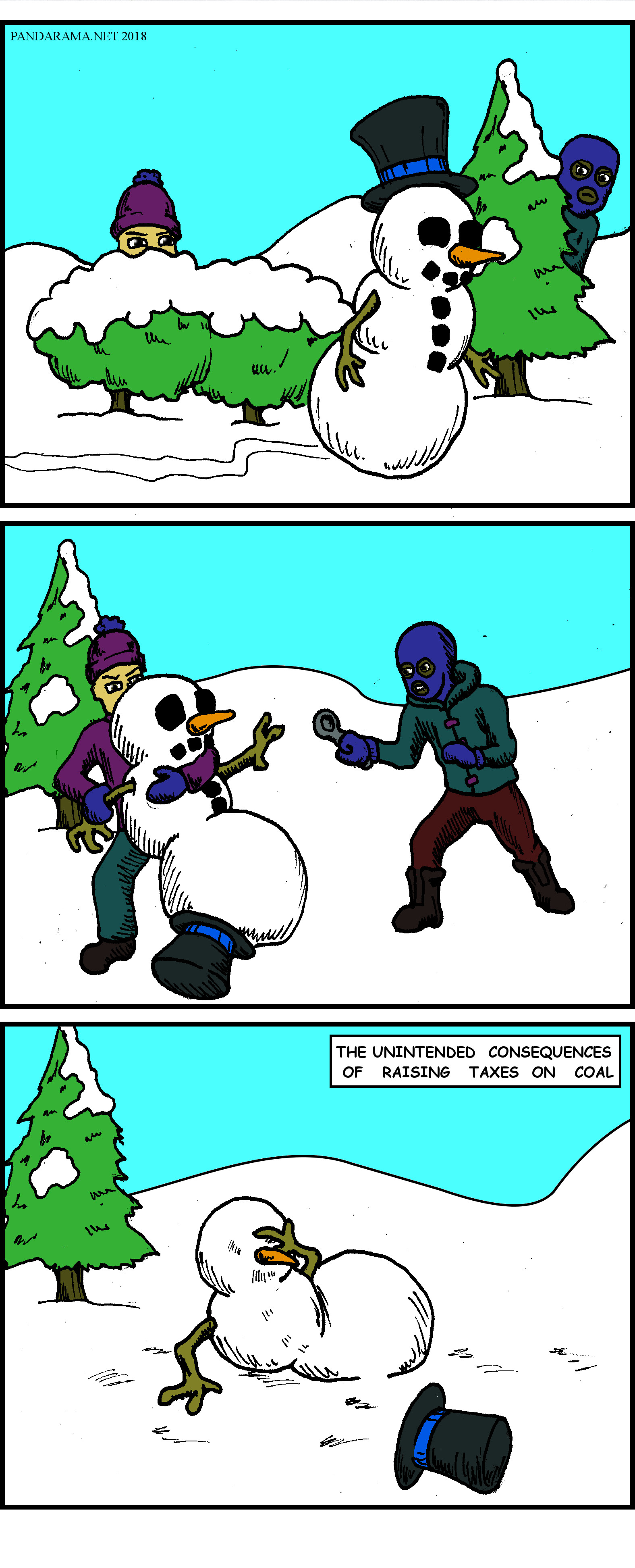 cartoon strip. bandits steal the eyes from a passing snowman as an unintended consequence of higher taxes on coal.