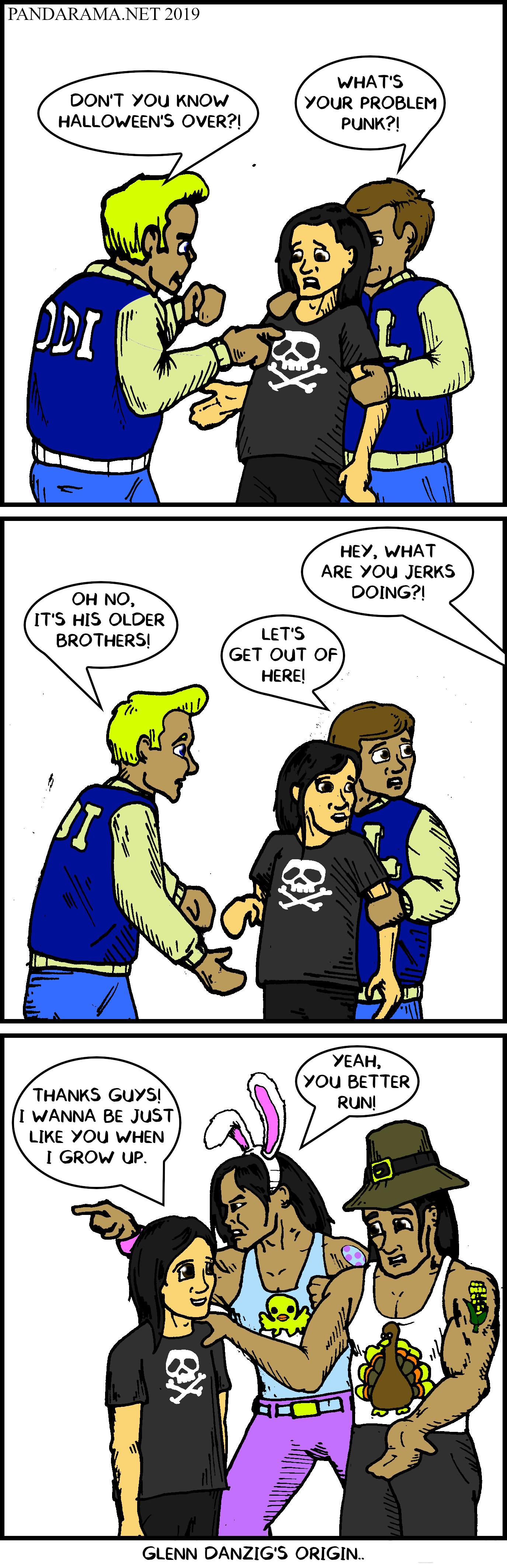 cartoon. webcomic. young Glenn Danzig rescued from bullies by Thanksgiving and Easter-themed older brothers. 
