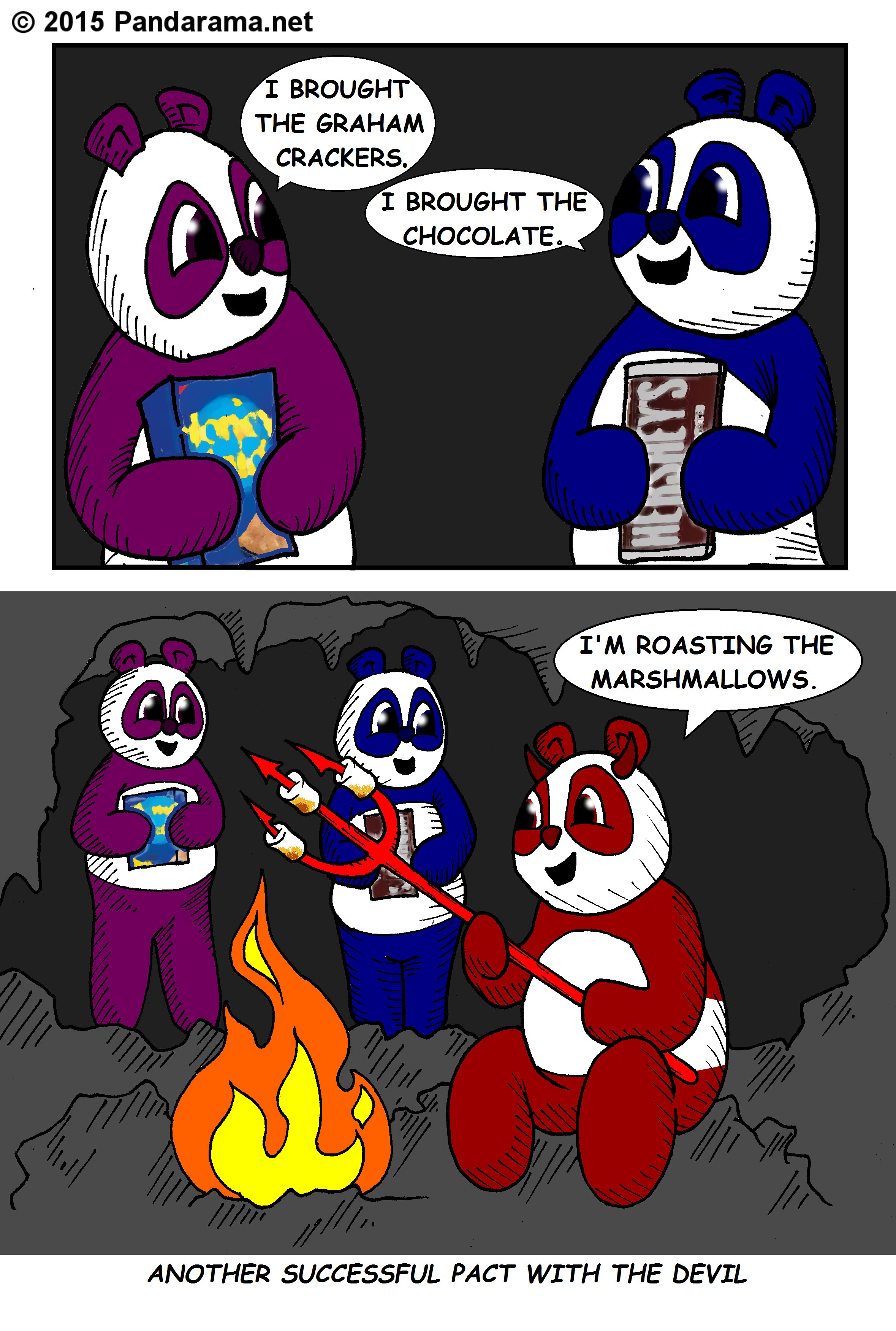 smore cartoon. smores cartoon. s'mores cartoon. cartoons about smores. pact with the devil. how to sell your soul. cartoon where pandas make pact with the devil, one brings chocolate, the other brings graham, and the devil roasts three marshmallows on his pitchfork.