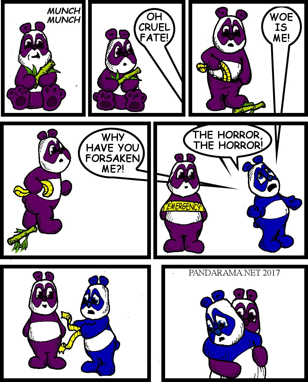 cartoon with panda bears hugging. panda webcomic. panda comicstrip. panda hug. lamentation.