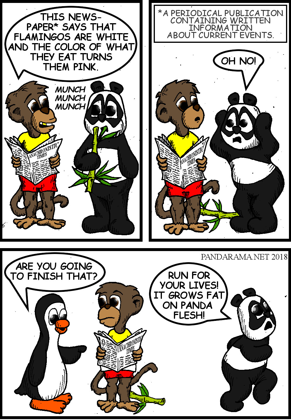 monkey and panda learn from newspaper that flamingos tturn pink from the food they eat, panda then flees from a penguin, but the penguin wants to eat the newspaper.