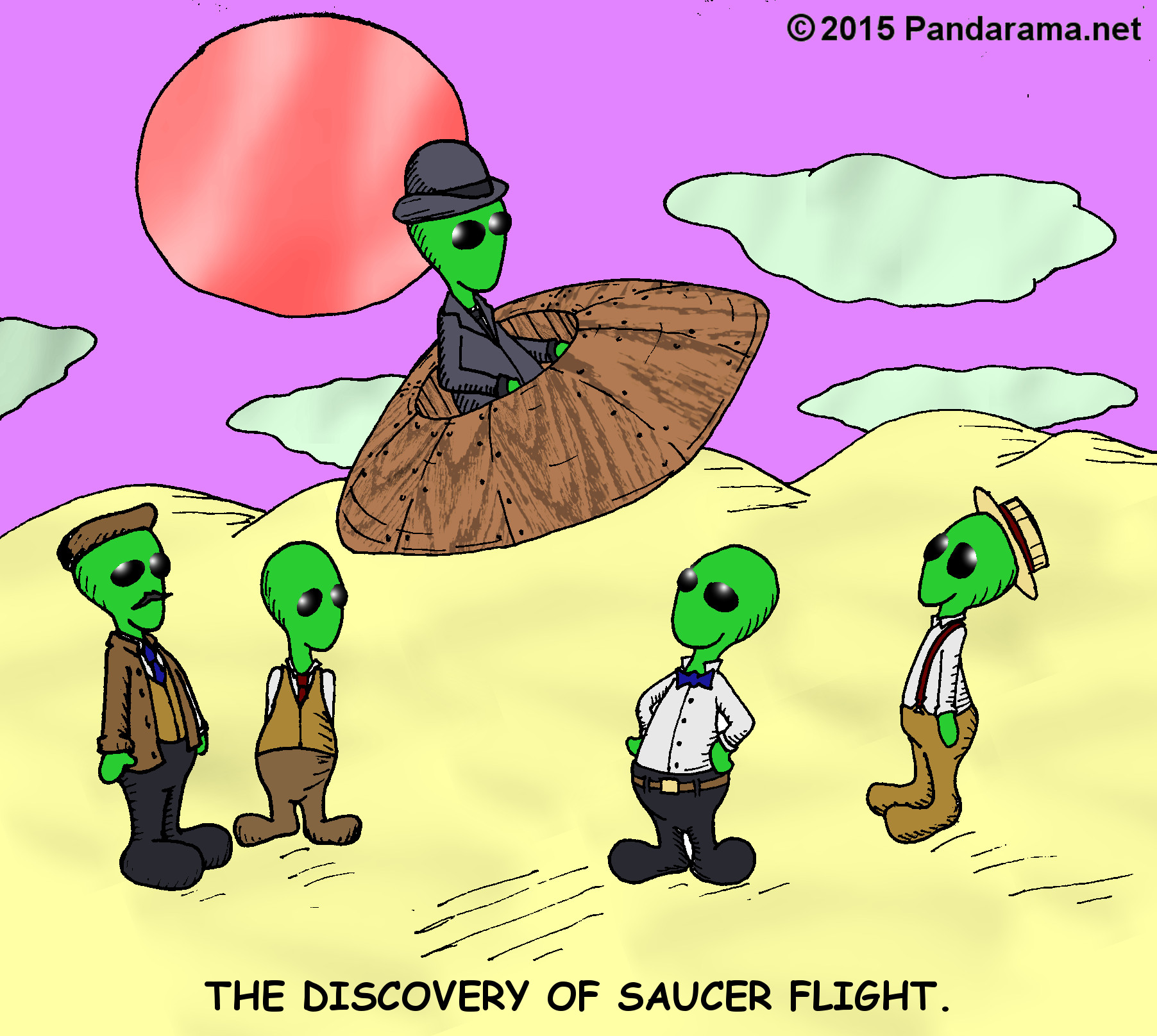 cartoon of alien discovery of flight in a wooden flying saucer. Ancient aliens. Alien technology. UFO. Flying saucer. UAP. webcomic.