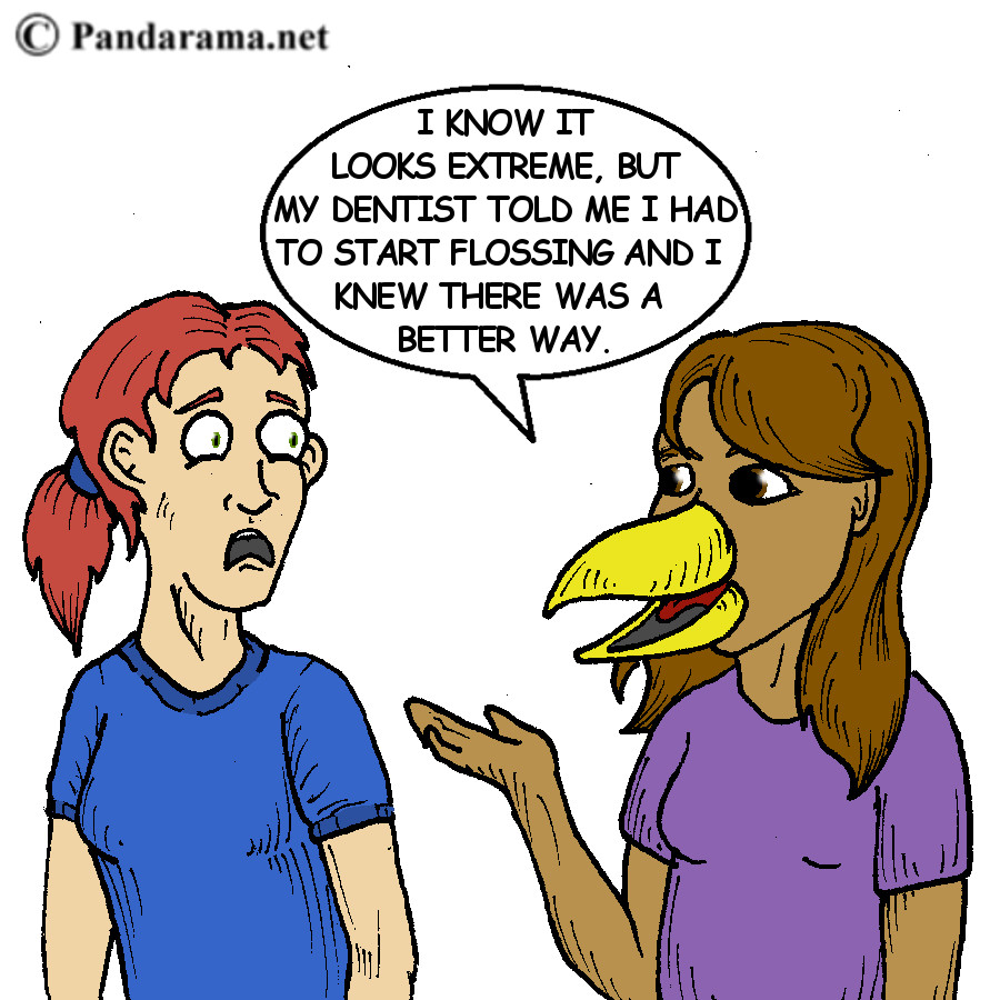 cartoon of a person who got a beak so they wouldn't have to floss. webcomic, pandorama