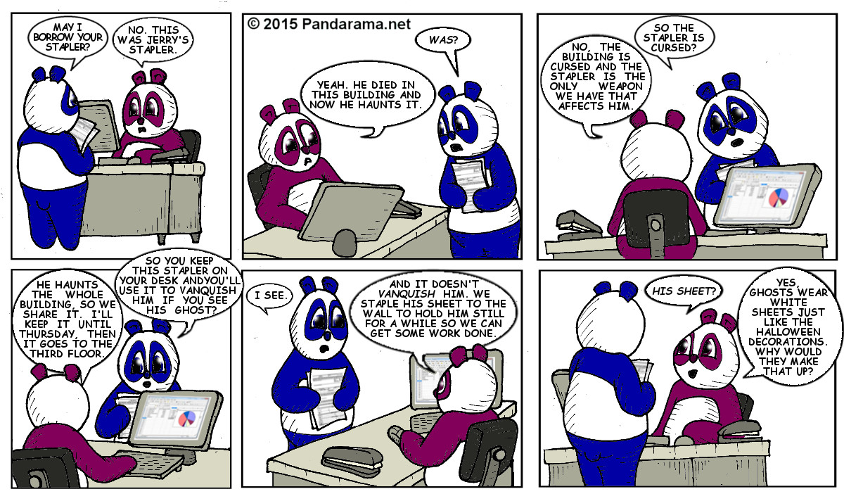 Pandarama Pandarama.net comicstrip of a panda trying to borrow a stapler.
