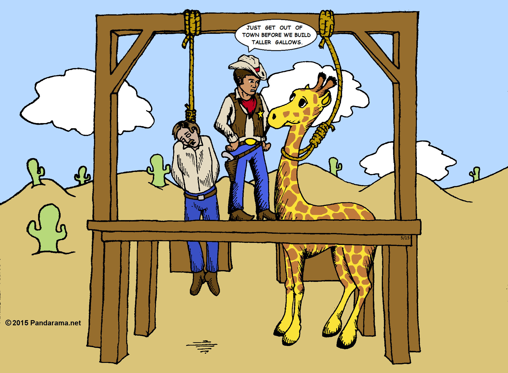 An Old West sheriff attempts to hand a giraffe, but the giraffe is too tall.
