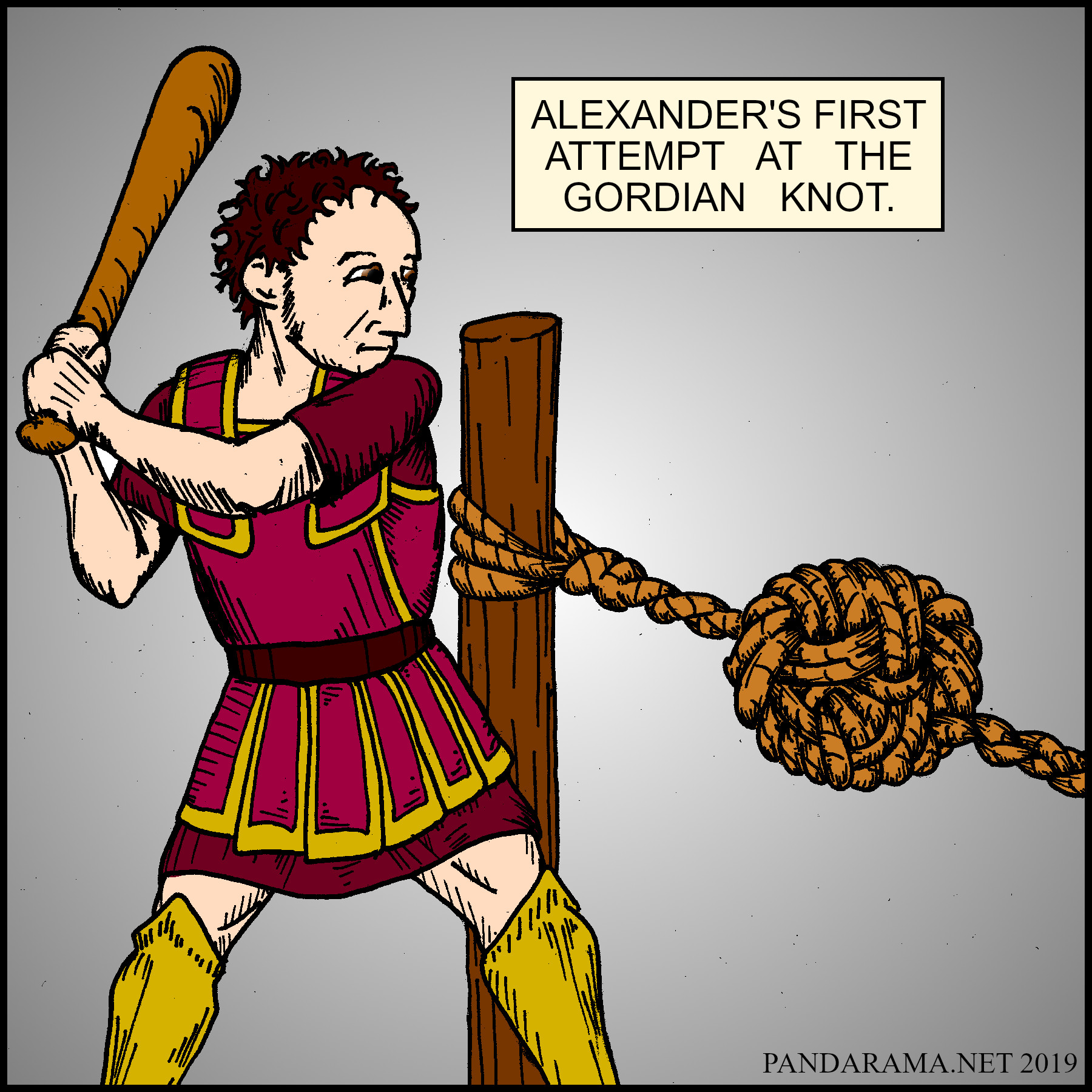 cartoon. Alexander the Great swinging bat at Gordian Knot.