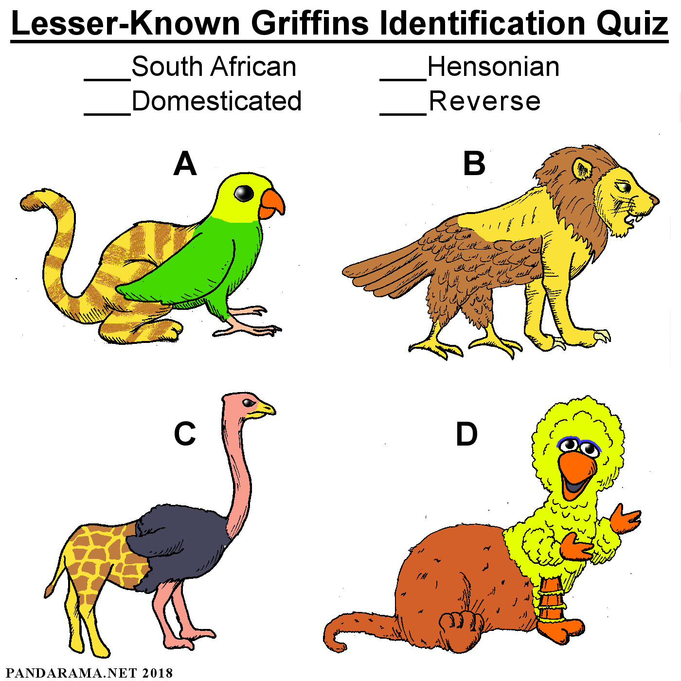 Matching Quiz showing a South African griffin = ostrich/giraffe, domestic griffin = parakeet/house cat, reverse = lion/eagle, hensonian = big bird/snuffleupagus.