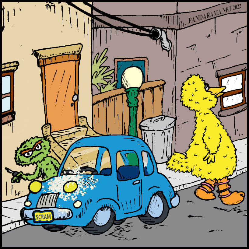 cartoon. oscar the grouch finds bid bird's droppings on his car.