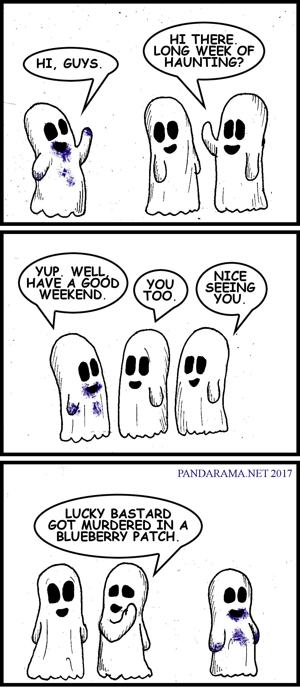 cartoon strip where ghosts are envious of a ghost that haunts a blueberry patch because that's where they were murdered.