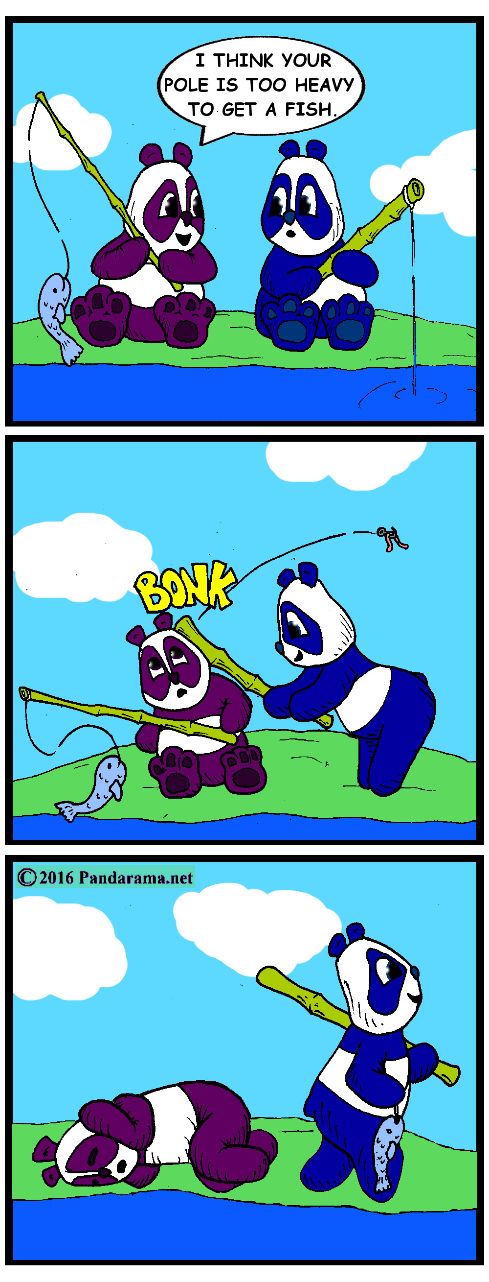 pandas fishing, one hits the other with fishing rod to steal fish. pandarama cartoon. pandorama comic.