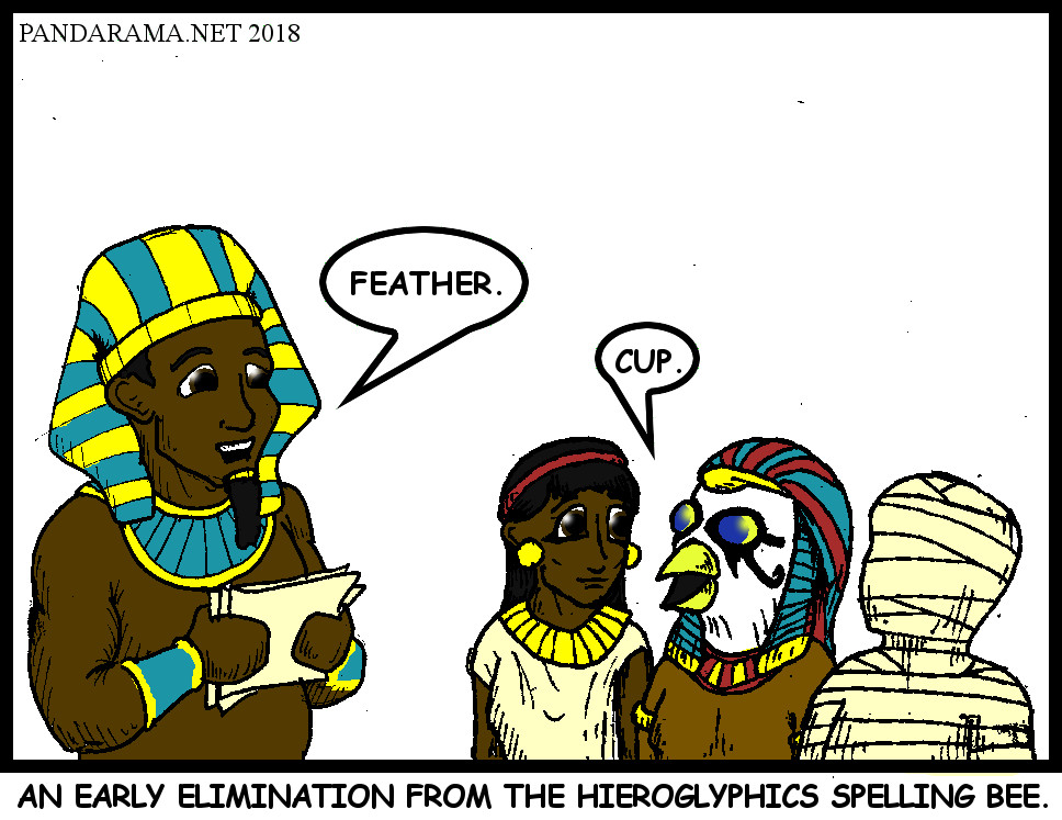 pandarama cartoon where the spelling bee word is 'feather' and the speller says 'cup' and is eliminated from the hieroglyphics spelling bee.