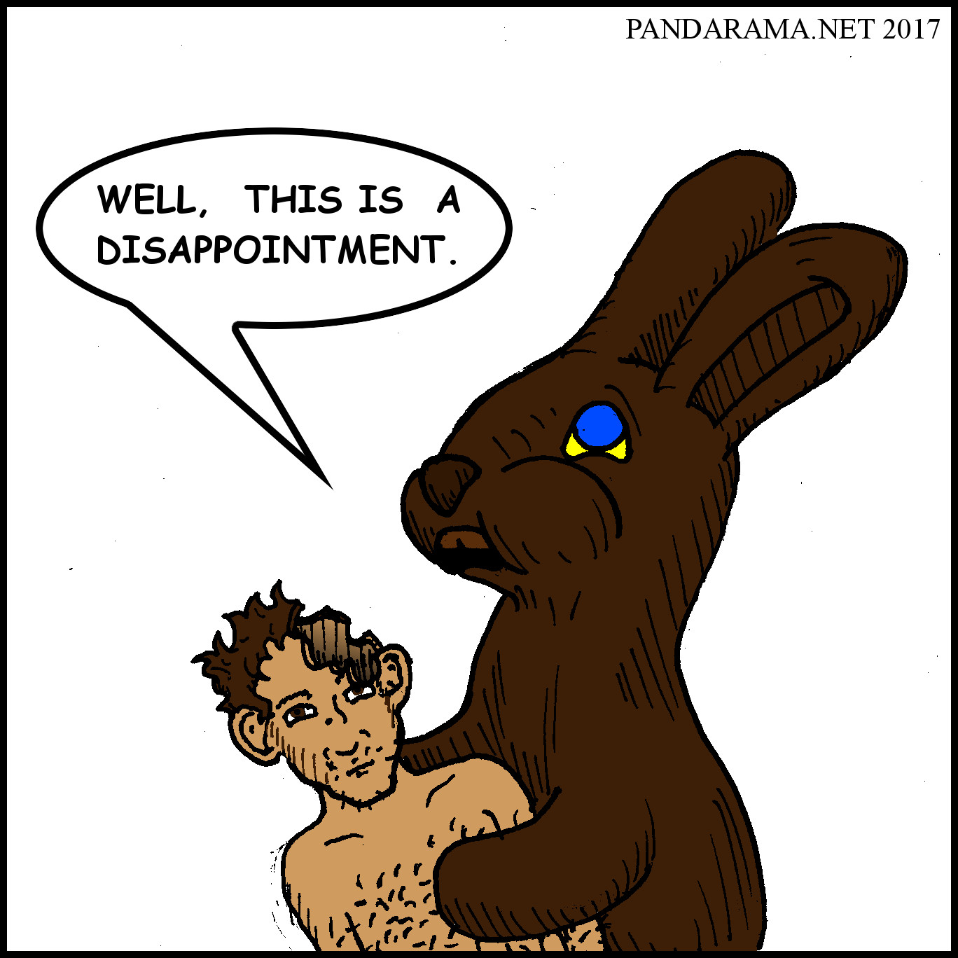 a chocolate bunny bites a person and is disappointed to find it's hollow.