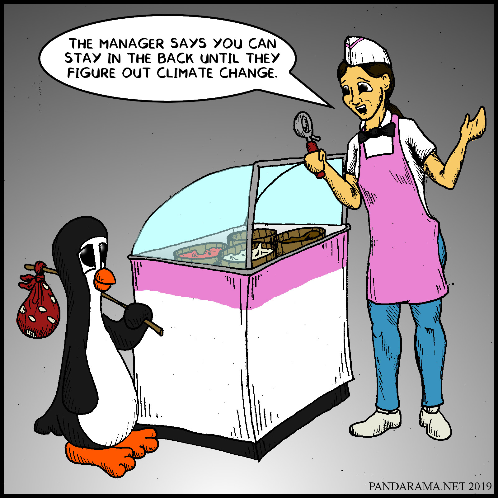 cartoon where penguin seeks refuge in ice cream parlor as climate change refugee.