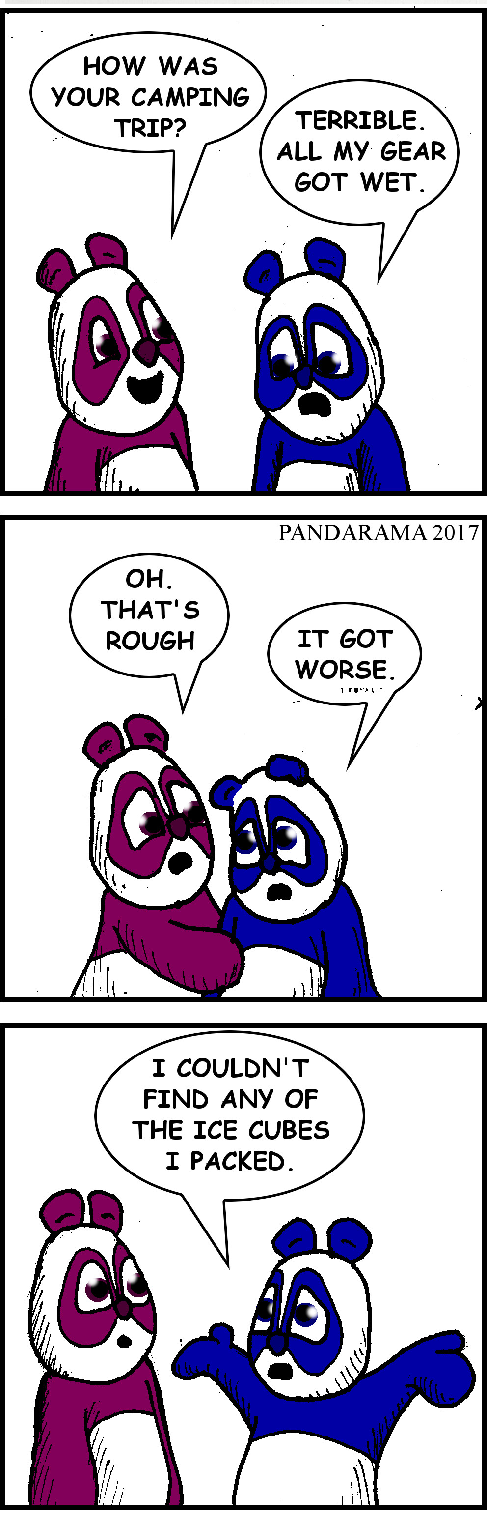 bad camping trip because gear got wet and camper couldn't find icecubes the camper packed. panda camping comicstrip. 