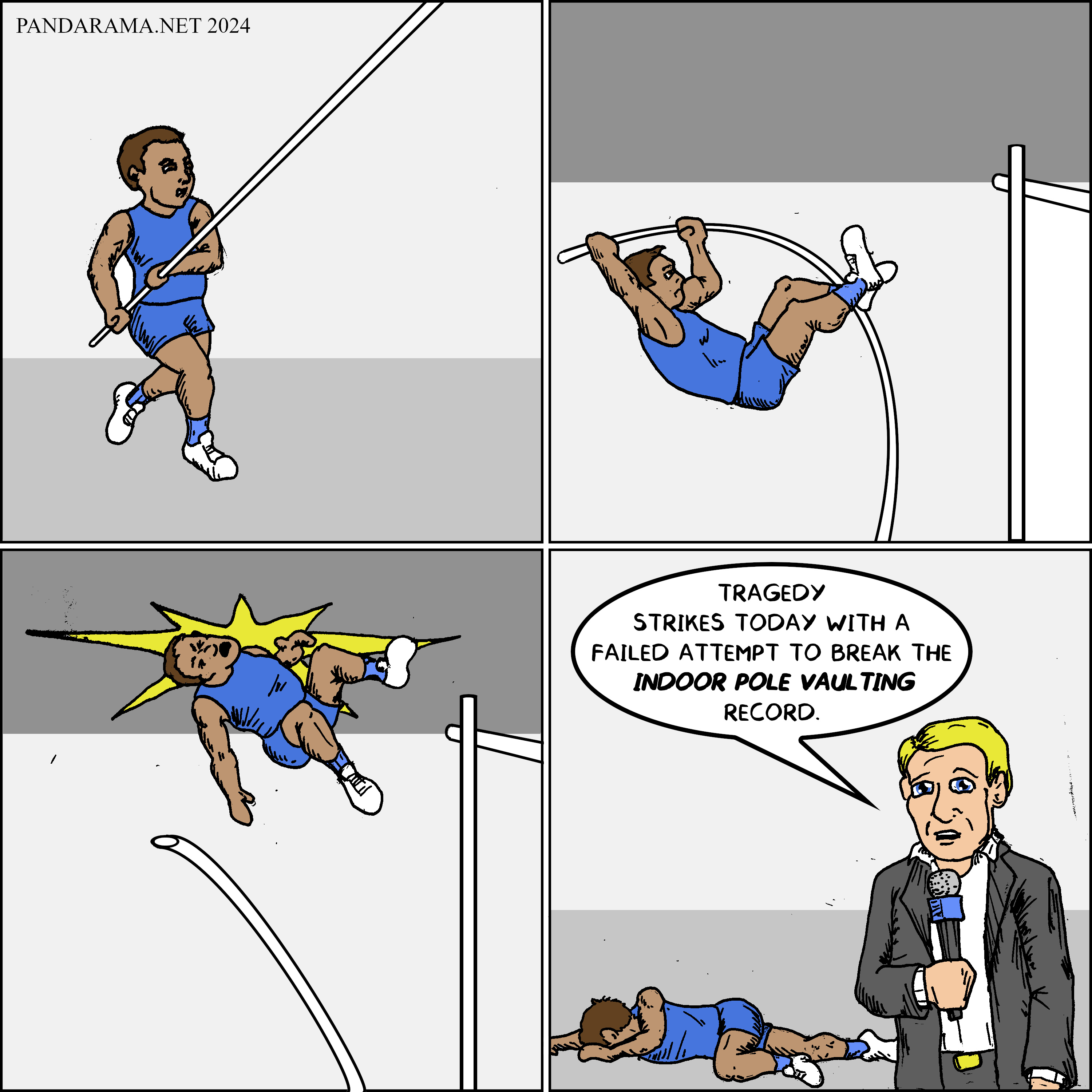 cartoon. olympic athlete hits the ceiling attempting to break the indoor pole vaulting record.