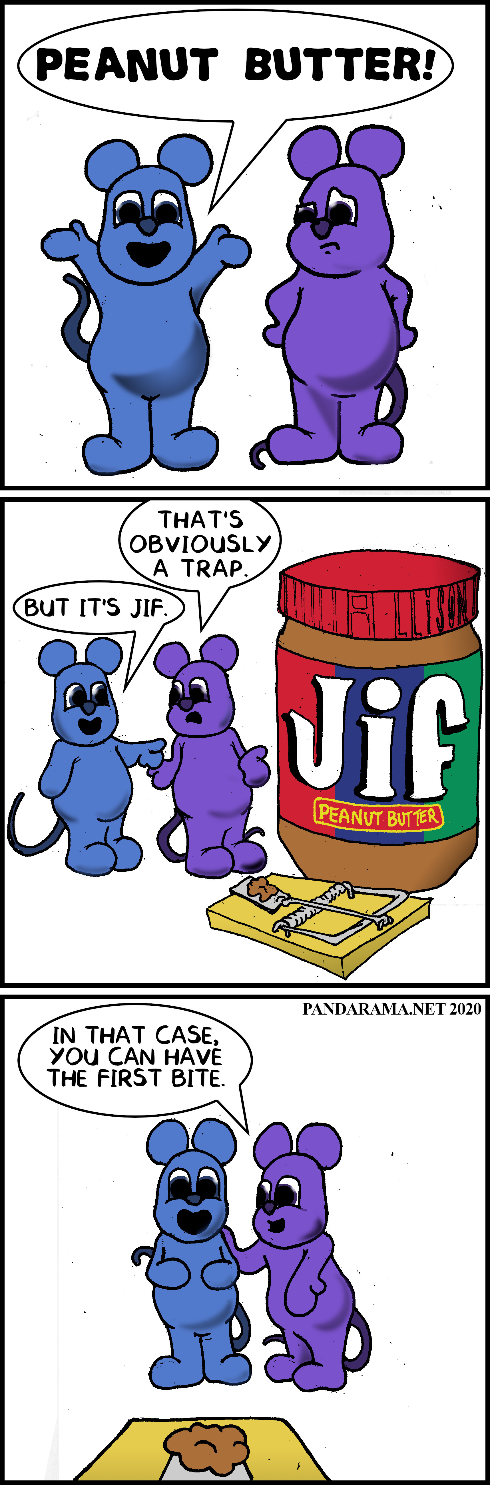 cartoon. comic. mice find trap baited with Jif peanut butter.