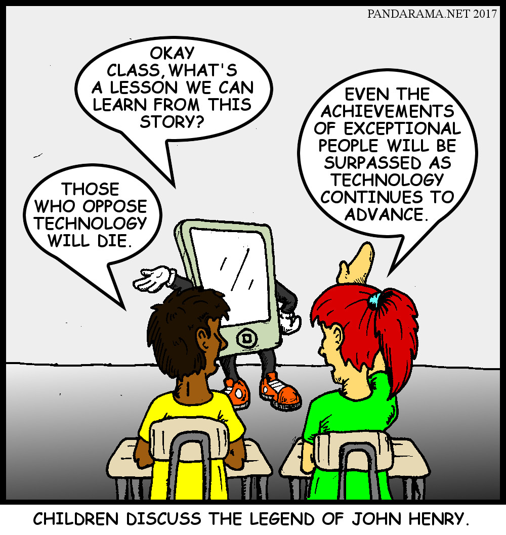cartoon of cell phone teaching children the moral of the legened of john henry; opposition to technology is death and exceptional deeds will be surpassed as technology advances.