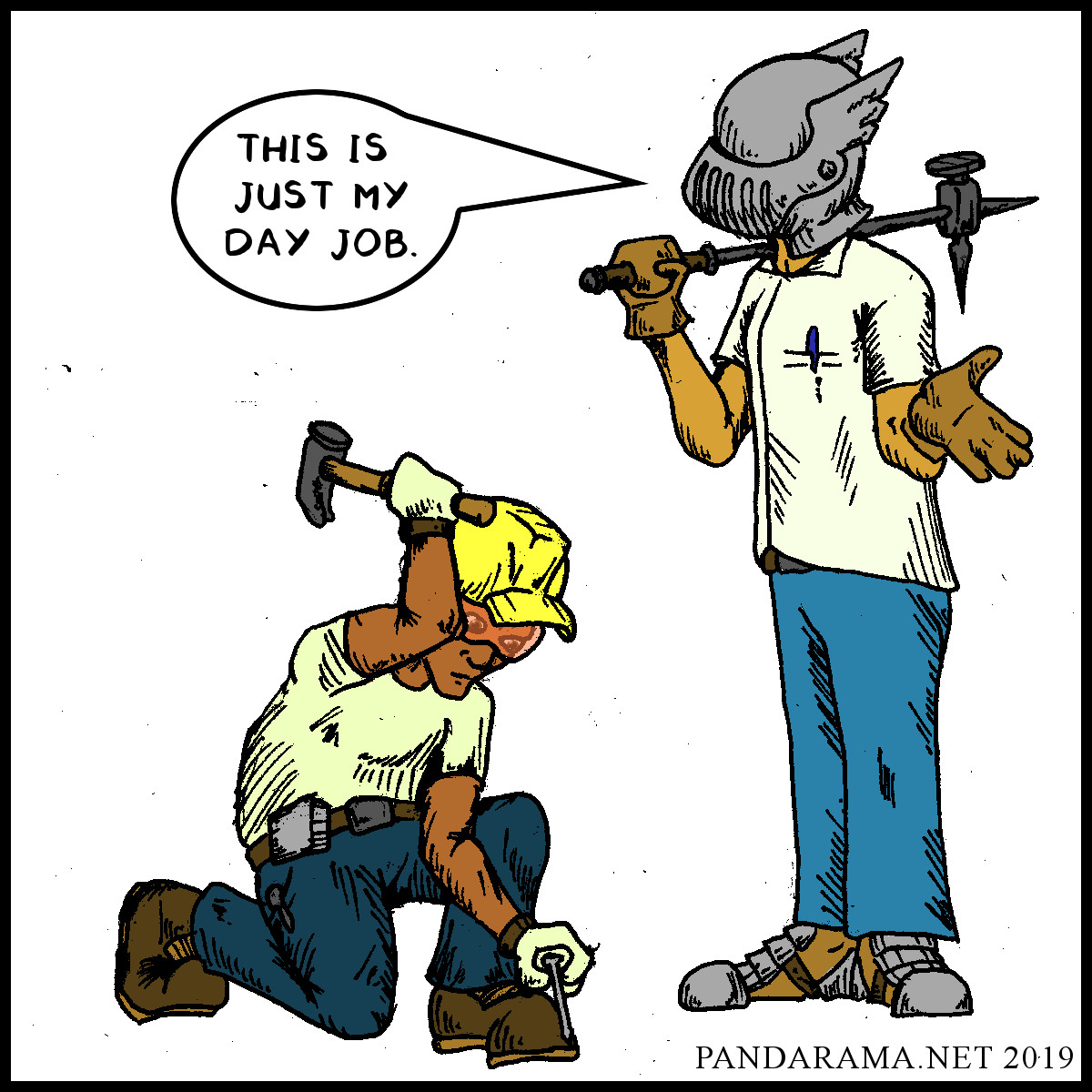 guy in knight's helmet w/ warhammer says to coworker with hard ht and claw hammer that this is just his day job. webcomic