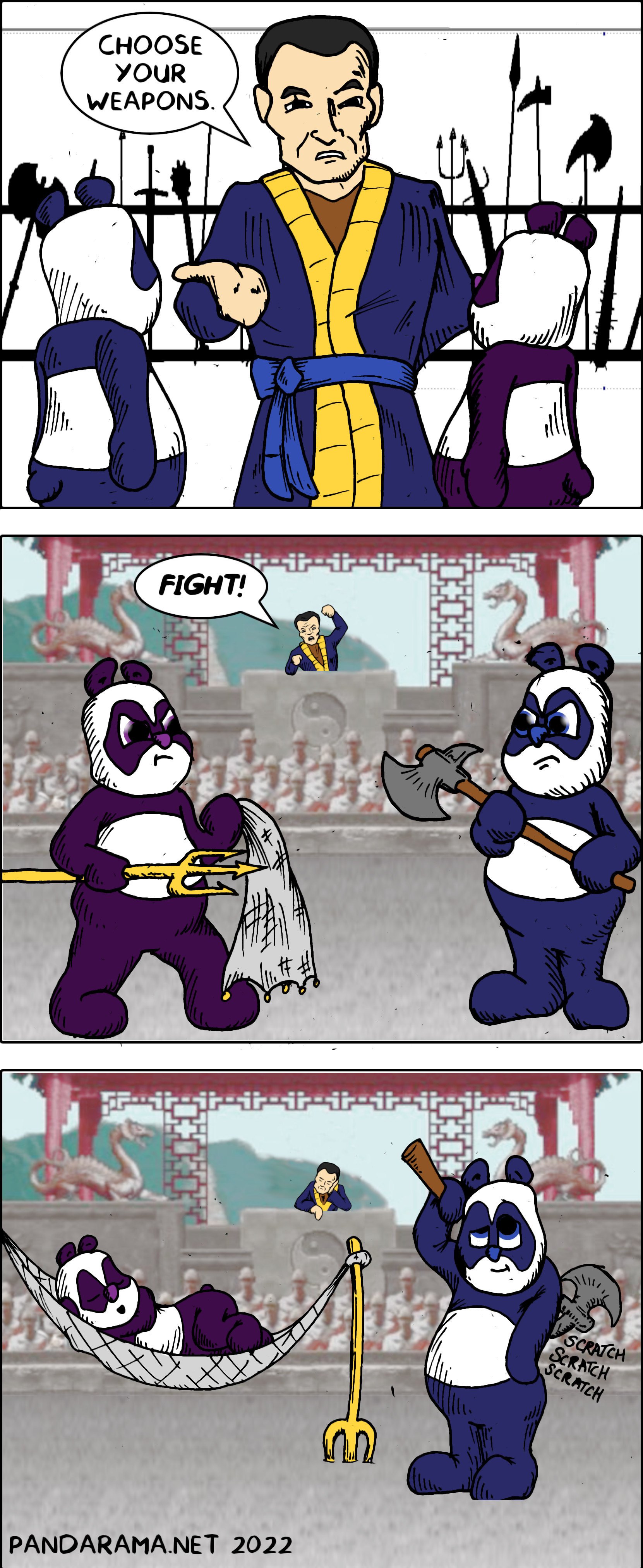 panadarama comic strip. lazy gladiator panda uses a net and trident to make a hammock against a panda using an axe as a backscratcher.