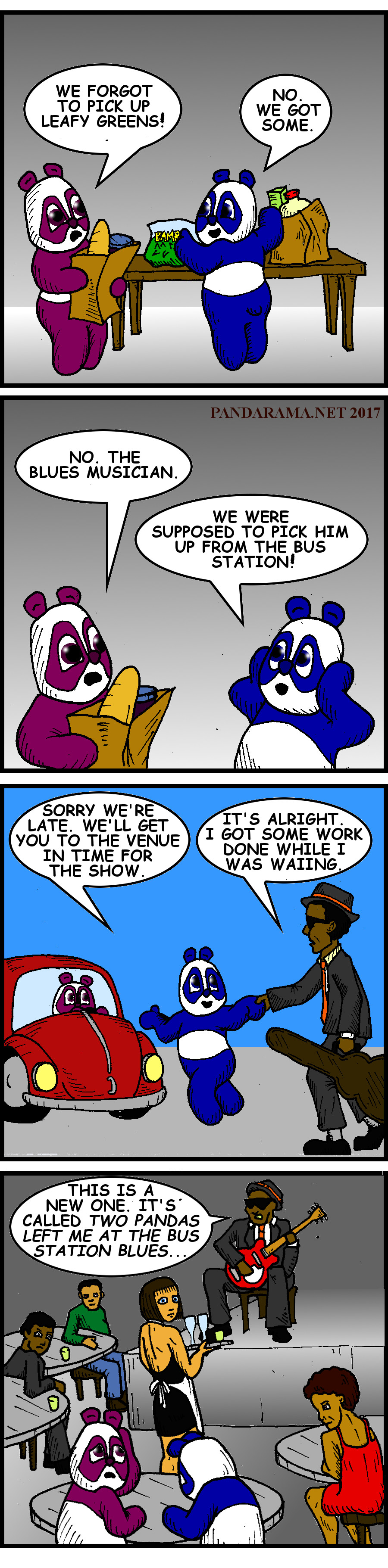 Cartoon where pandas forget to pickup a blues performer for his gig, so he writes a song about them while he's waiting.