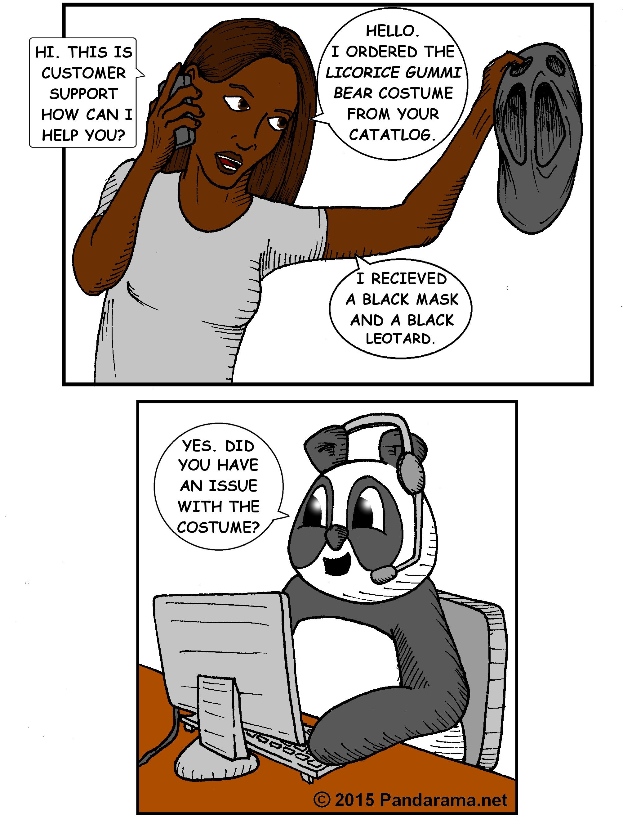 Pandarama / Pandarama.net cartoon of a panda fielding a customer service call about a licorice gummibear costume.